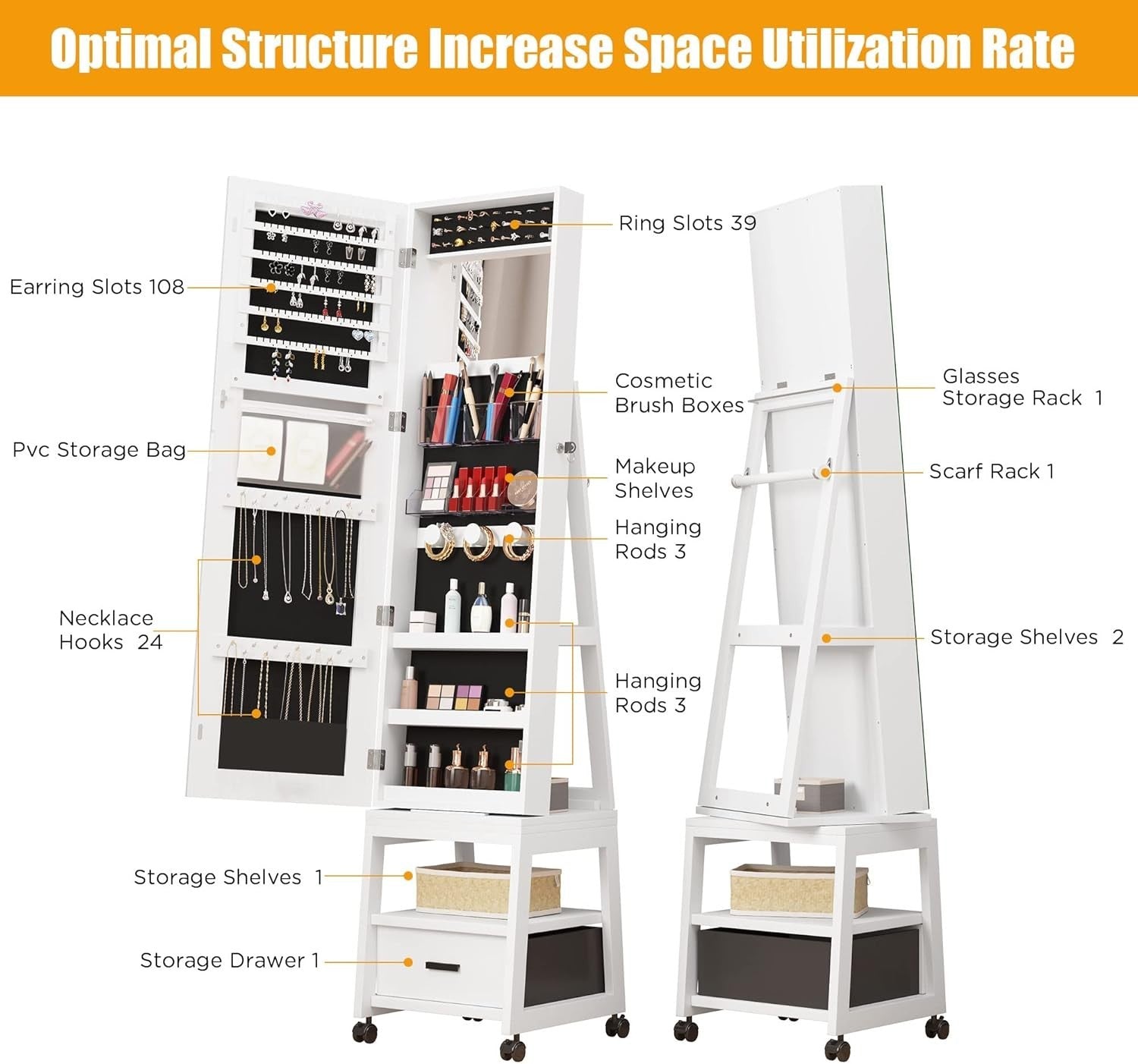 White 360° Rotating Jewellery Cabinet Full Length Mirror Lockable