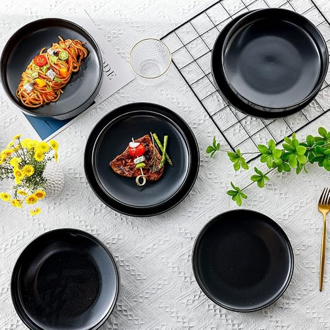 12pc Black Ceramic Dinner Plates Matte Glaze Microwave Dishwasher Safe