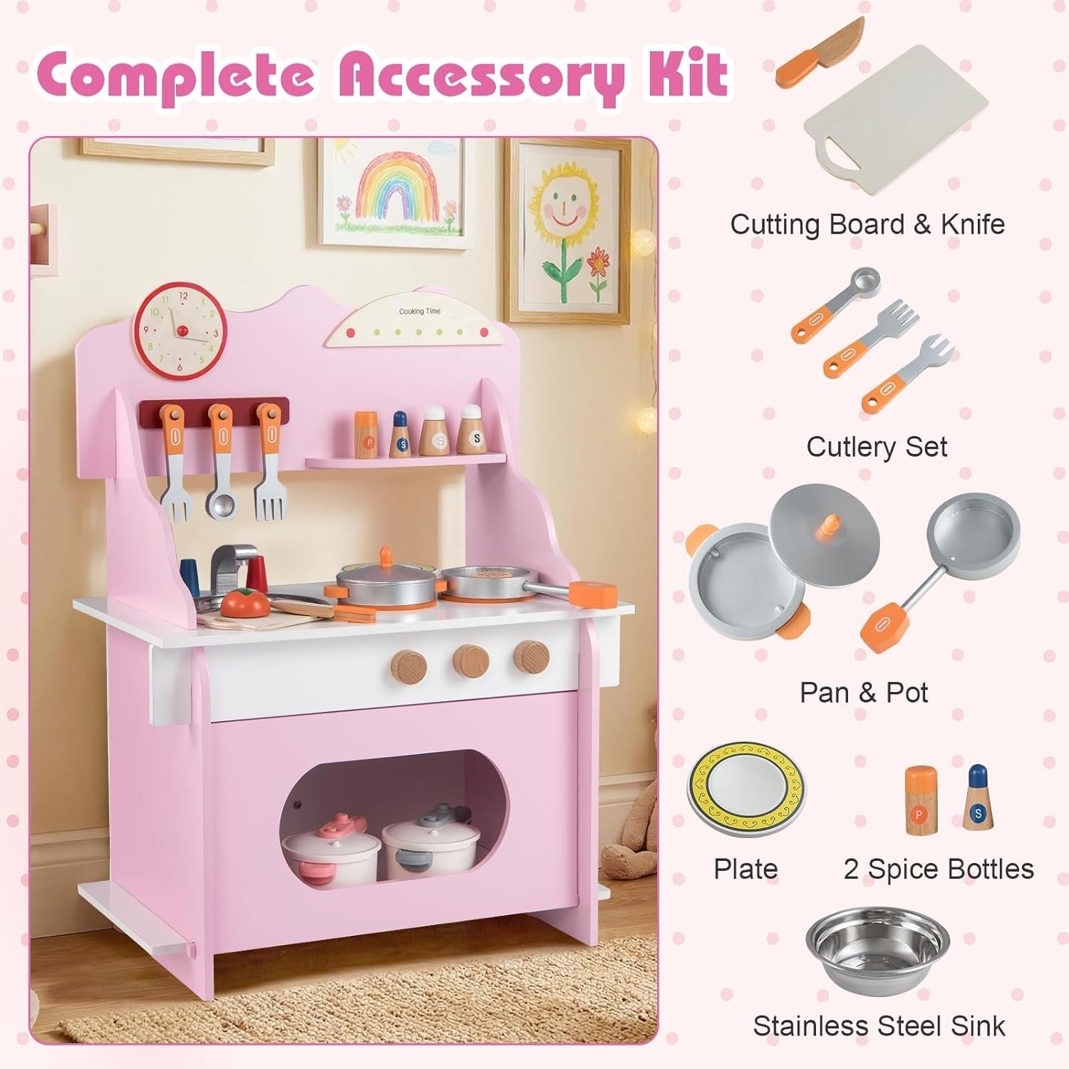Wooden Kids Play Kitchen Pink Toy Set Stove Sink Oven Accessories