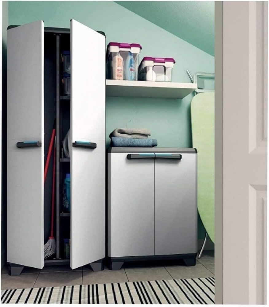 Tall Plastic Utility Cupboard with Adjustable Shelves for Garage Storage