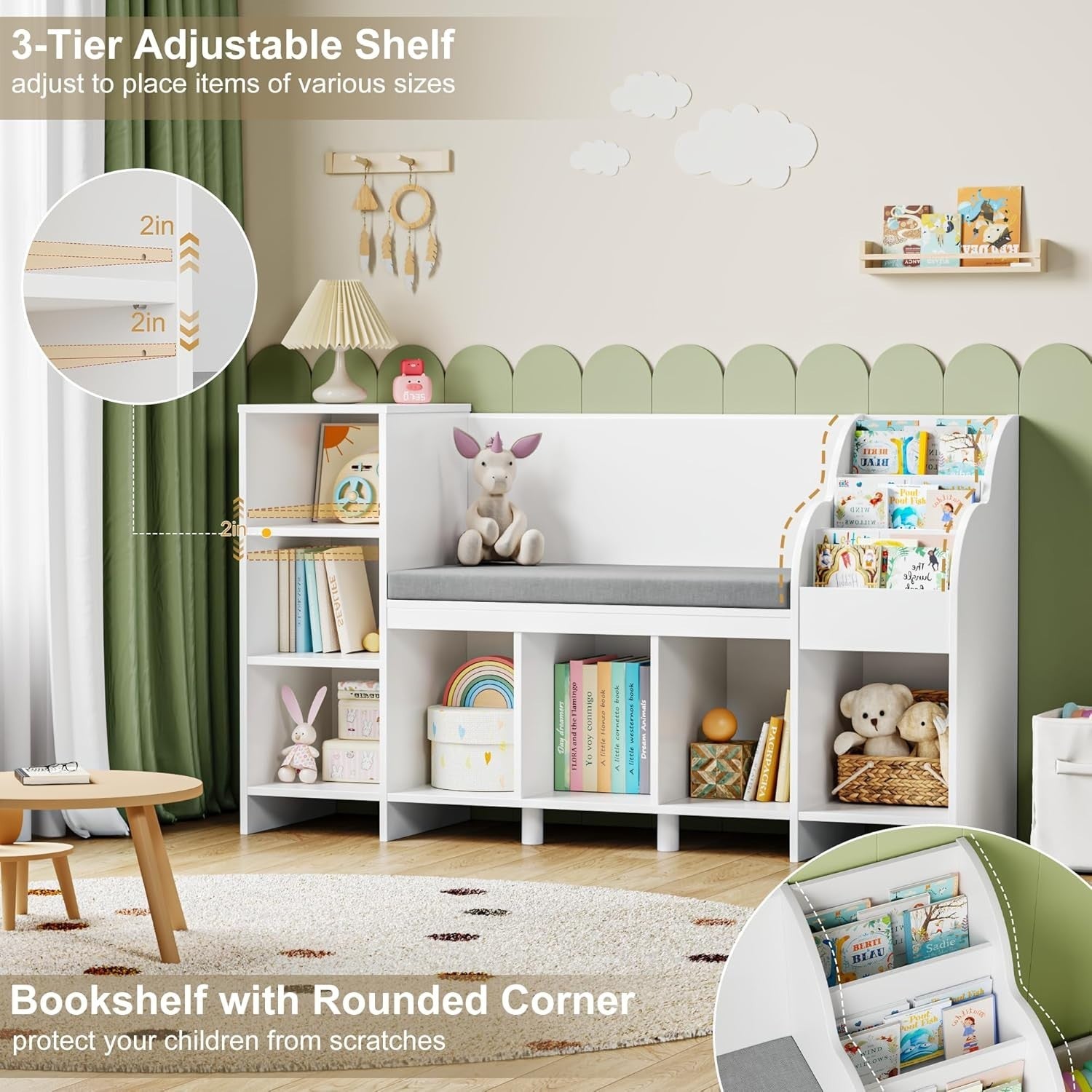 Kids Toy Storage Bookcase with Reading Nook Bench – 7 Cube Shelf 138cm