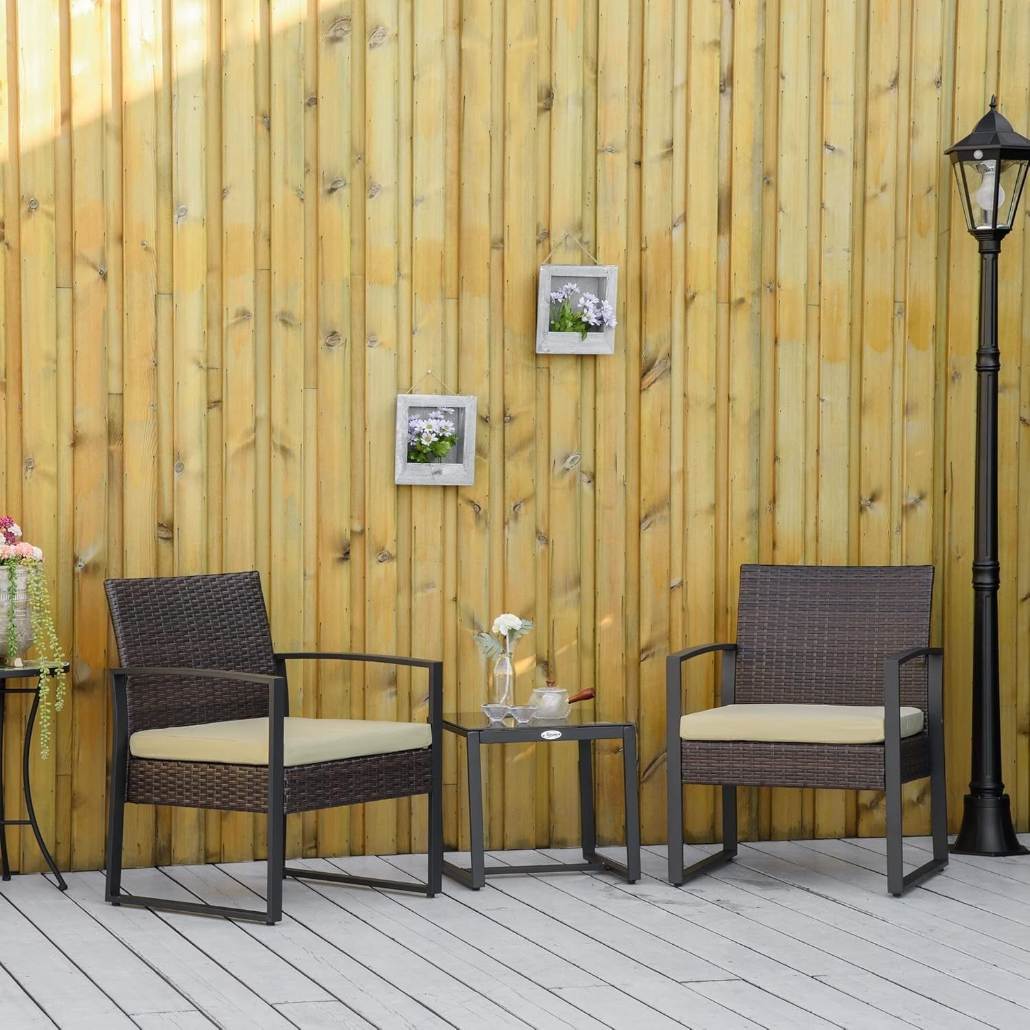 Outdoor Rattan Bistro Set 3 Piece Garden Chairs Table Cushioned Patio