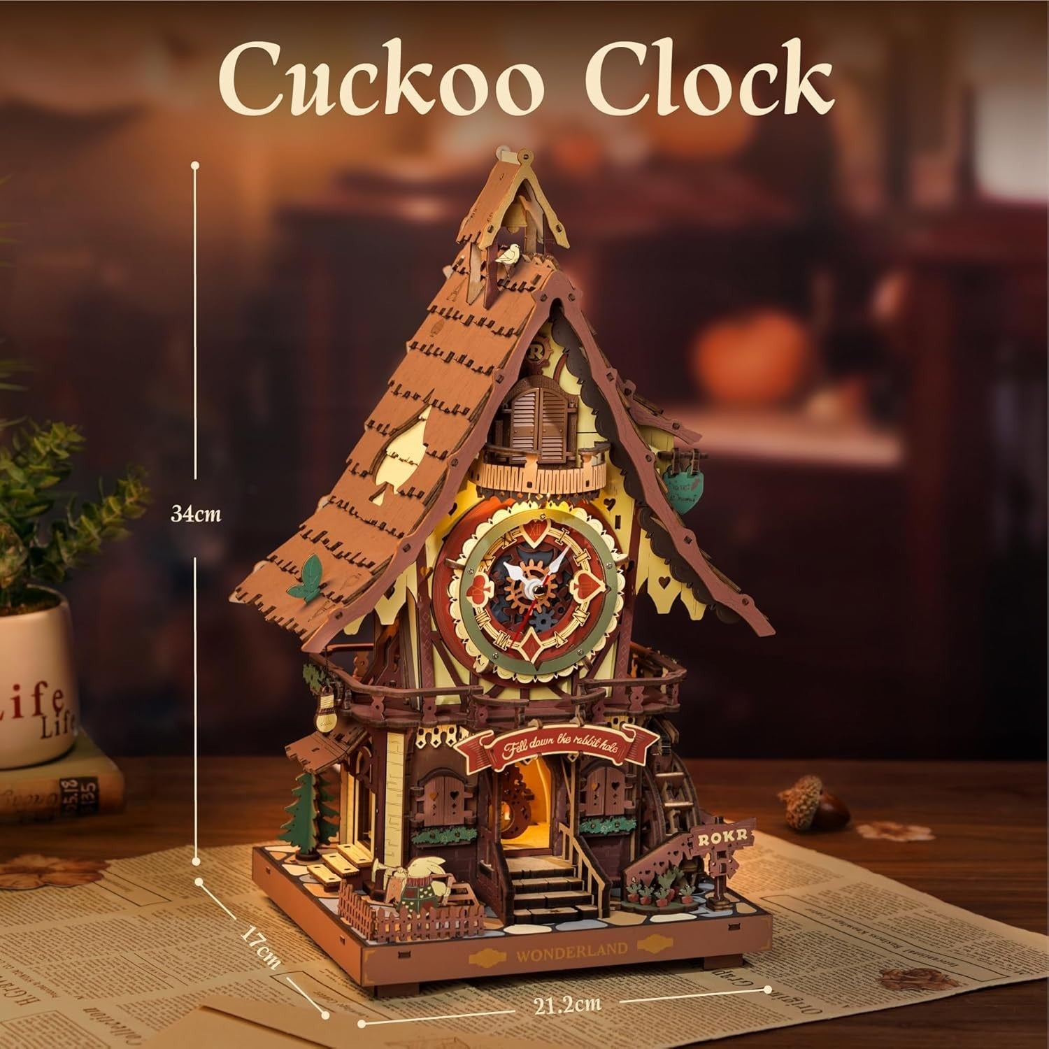 3D Wooden Cuckoo Clock Puzzle Kit for Adults – Moving Parts, Lights, Decor