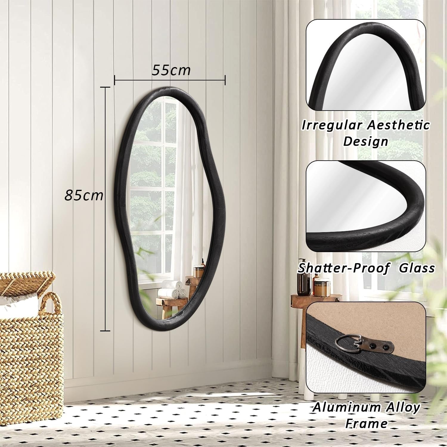 Asymmetrical Black Wood Wall Mirror 85x55cm Stylish Modern Decor