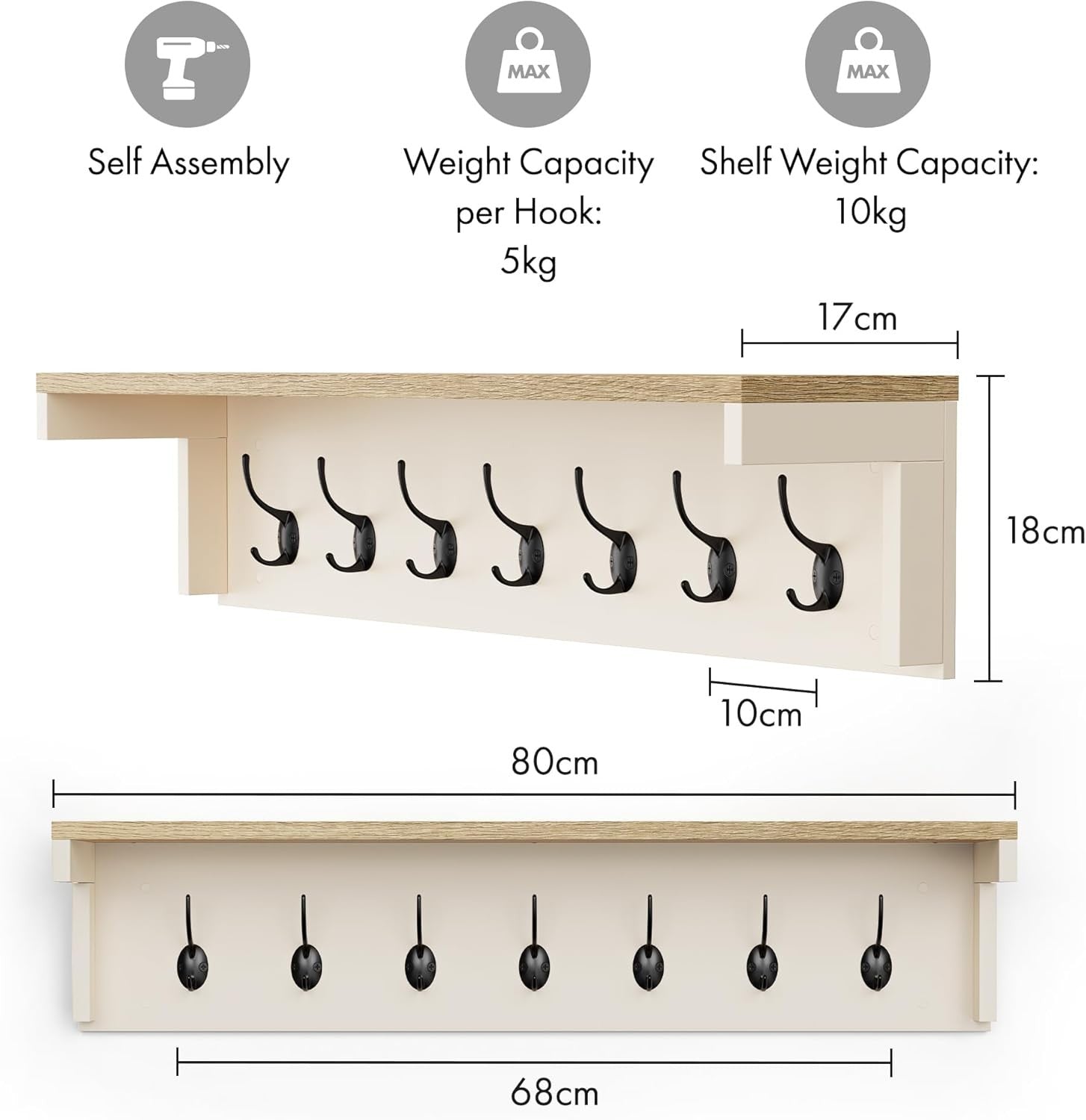 Cream Wall Mounted Coat Rack with Shelf | 7 Double Hooks Hallway Organiser