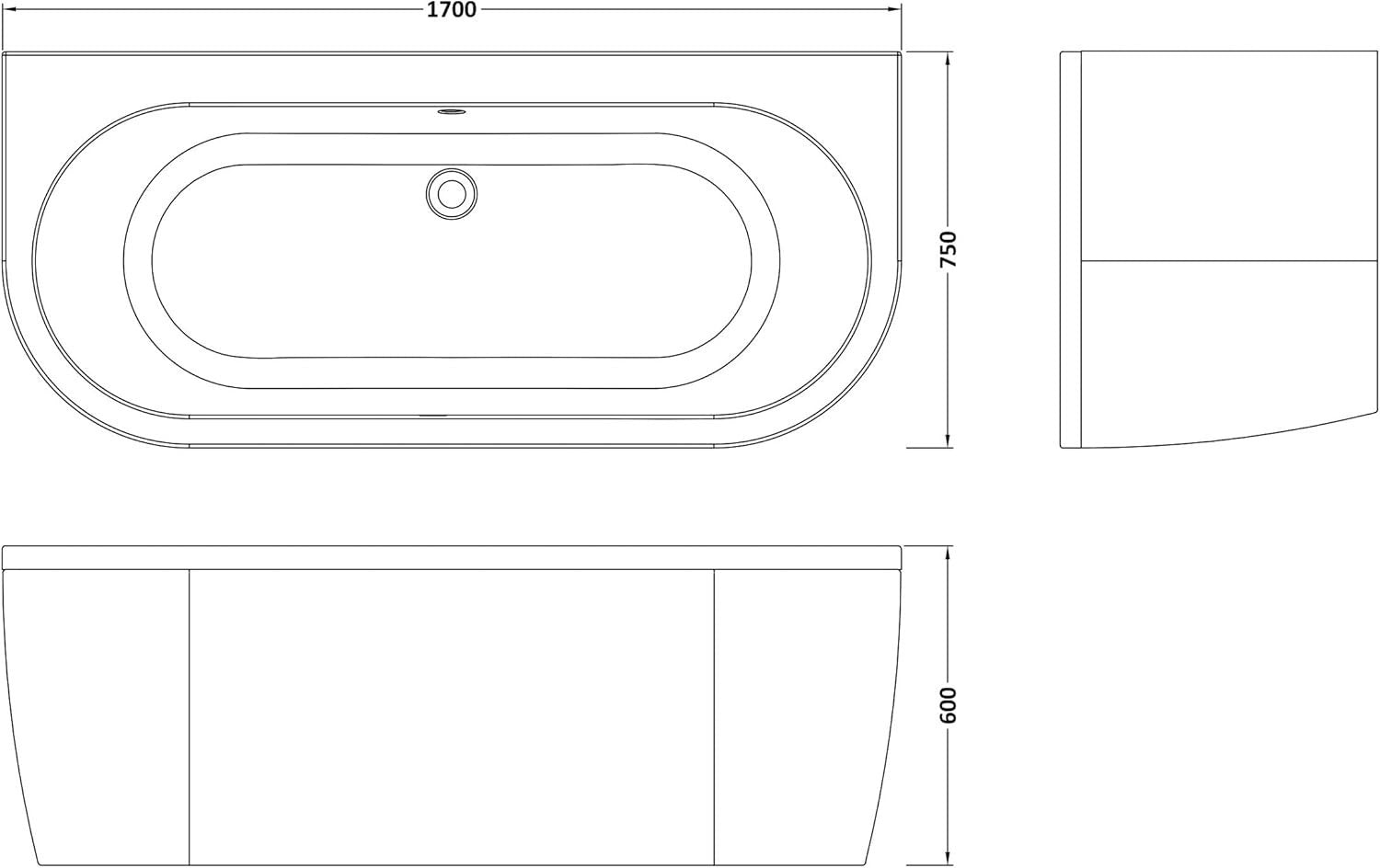 1700x750mm Oval Back-to-Wall Acrylic Shower Bath with Legs & Panels White