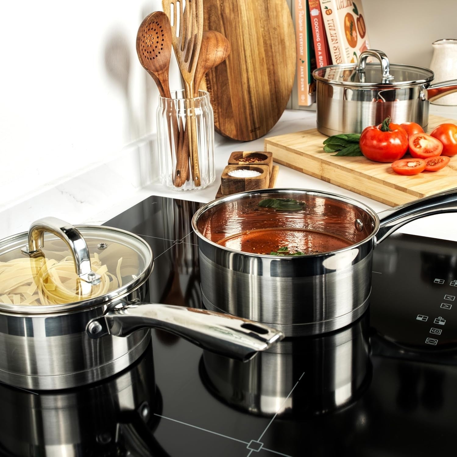 5pcs Stainless Steel Induction Saucepans and Frying Pan Set with Glass Lids
