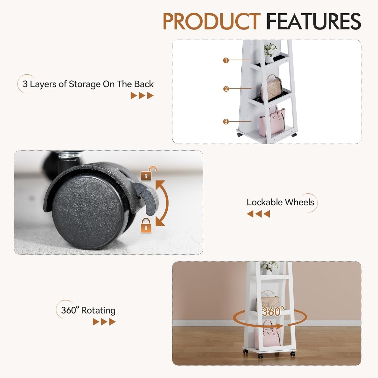 White 360° Rotating Jewellery Cabinet Full Length Mirror with Wheels