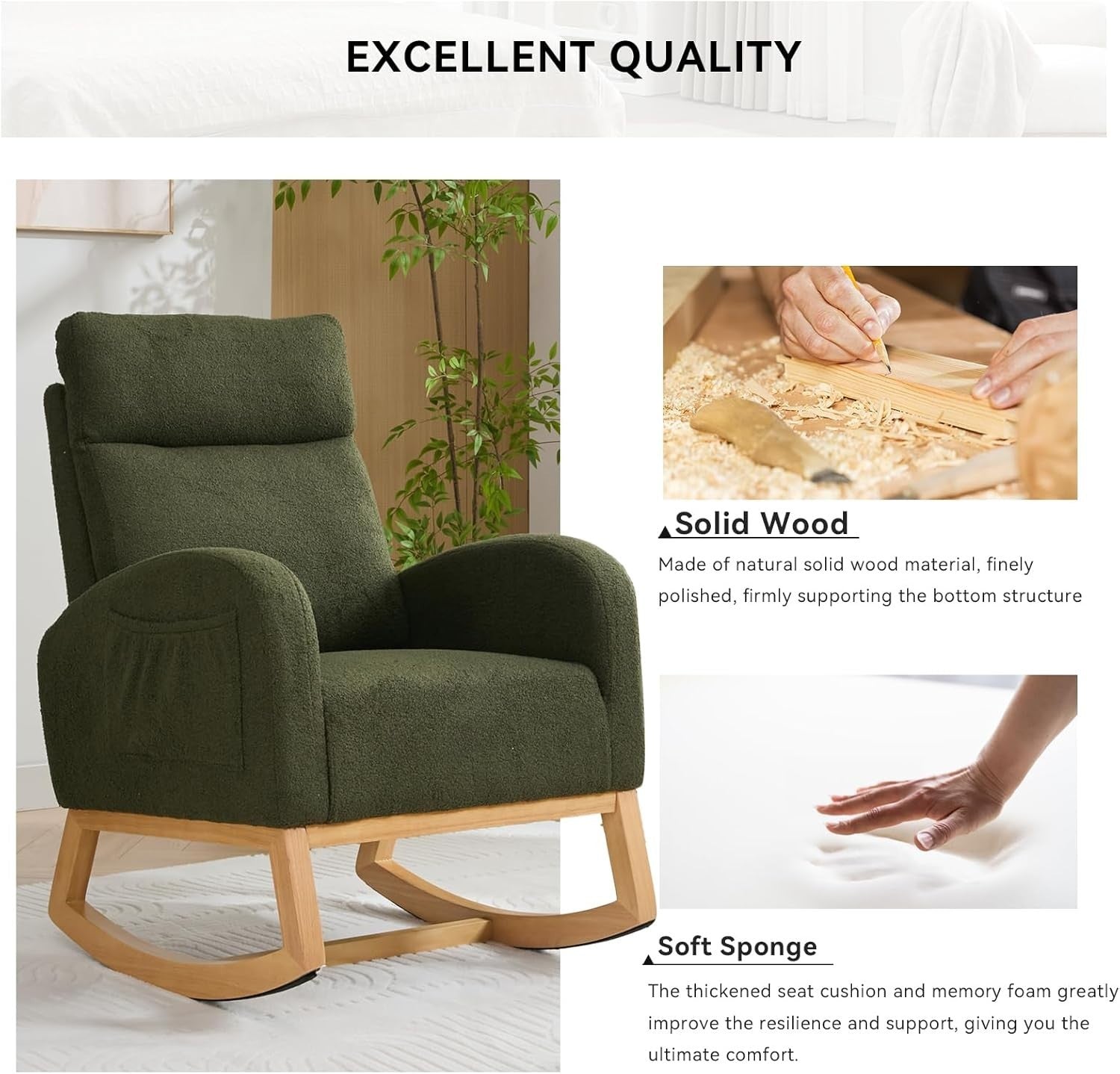 Nursery Rocking Chair with Side Pocket, Boucle Glider, Comfy & Stylish