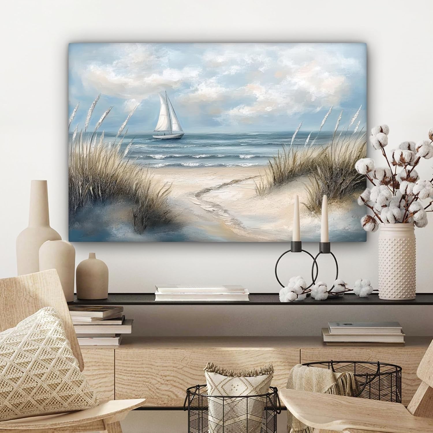 Beach Sailboat Canvas Wall Art 60x40cm Framed Coastal