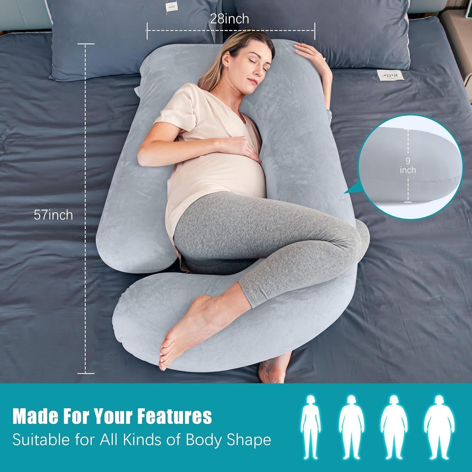 U Shaped Pregnancy Pillow 57in Full Body Maternity Support Soft Washable