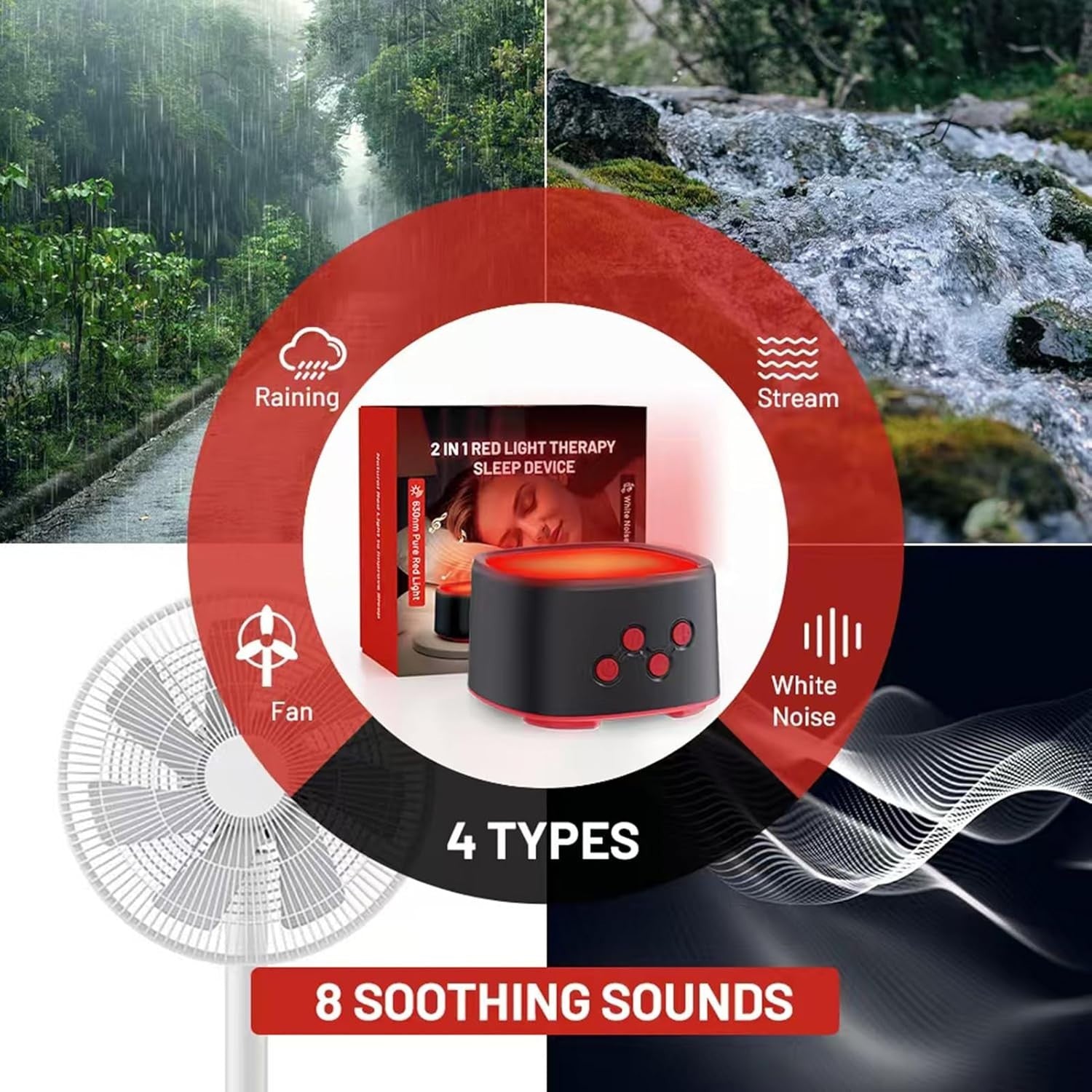 White Noise Sleep Machine with Red Light Therapy | 9 Volumes, 8 Sounds, Recharge