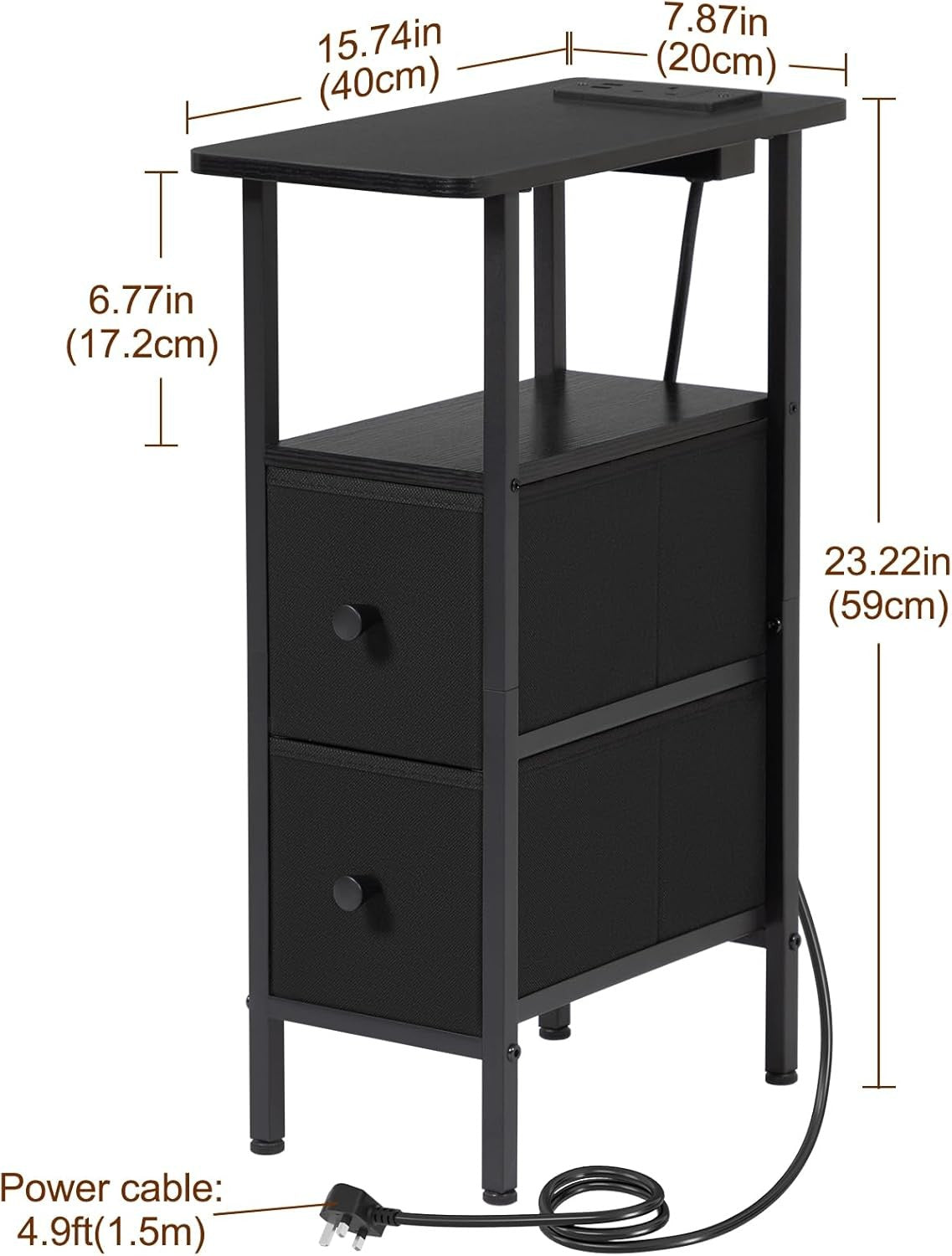 Slim Bedside Table with Charging Station, 2 Fabric Drawers & Open Shelf Storage