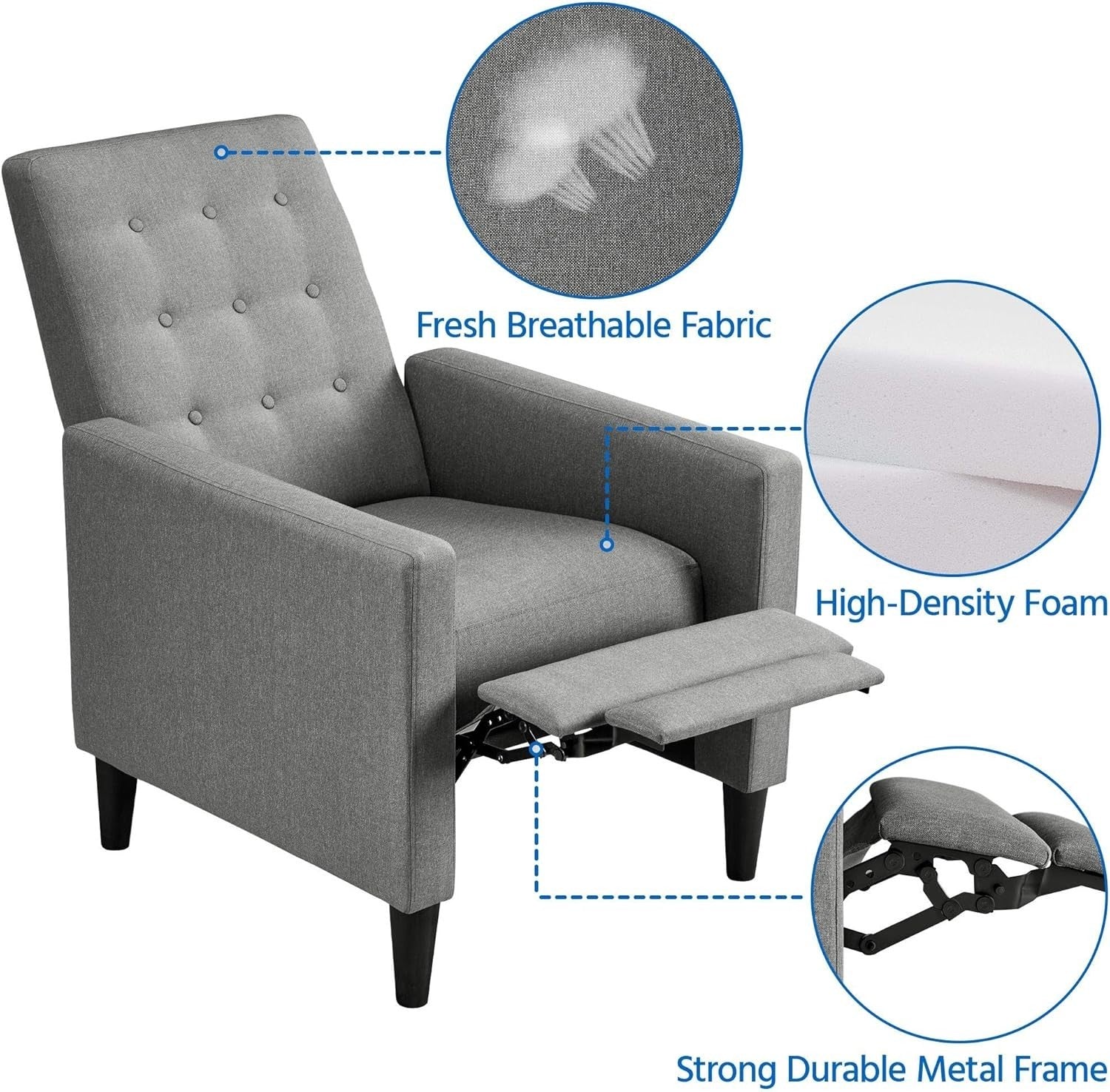 Grey Recliner Chair Sofa Adjustable Footrest Padded Seat Living Room