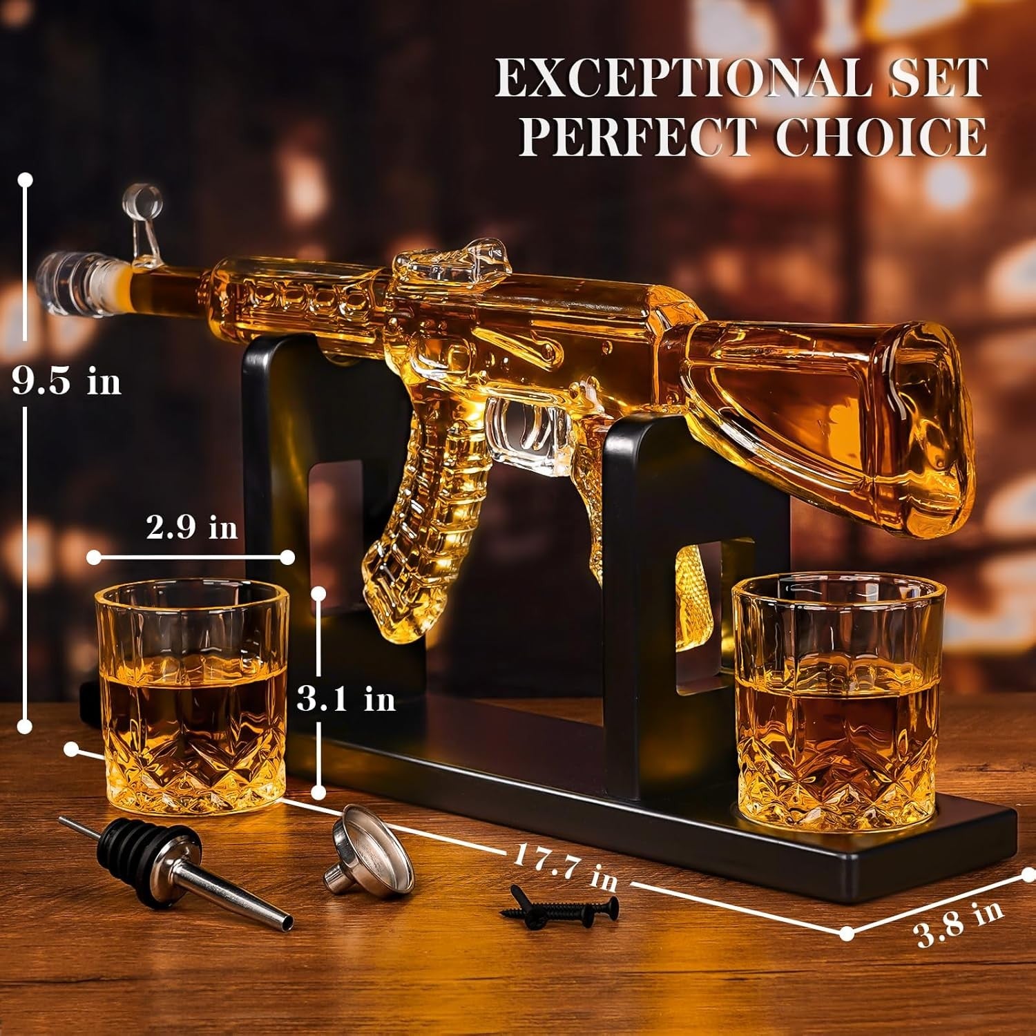 AK47 Whiskey Decanter Set with Stand & 2 Glasses – 1000ml Novelty Liquor Dispens