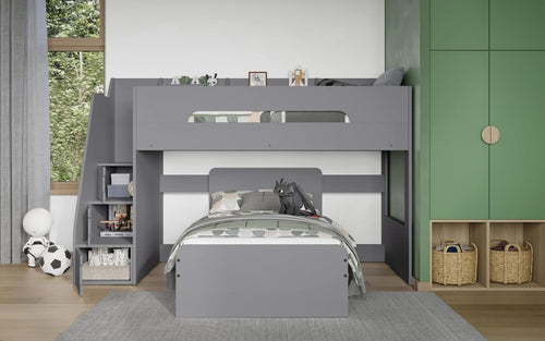 Grey Bunk Bed with Storage Stairs & Shelves for Kids Room Space Saving