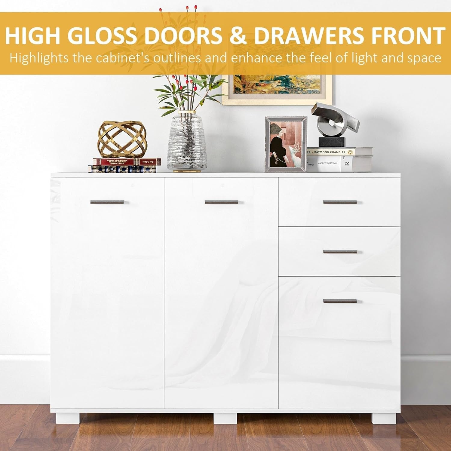 Modern White Storage Sideboard with Adjustable Shelves, 2 Drawers & 3 Doors
