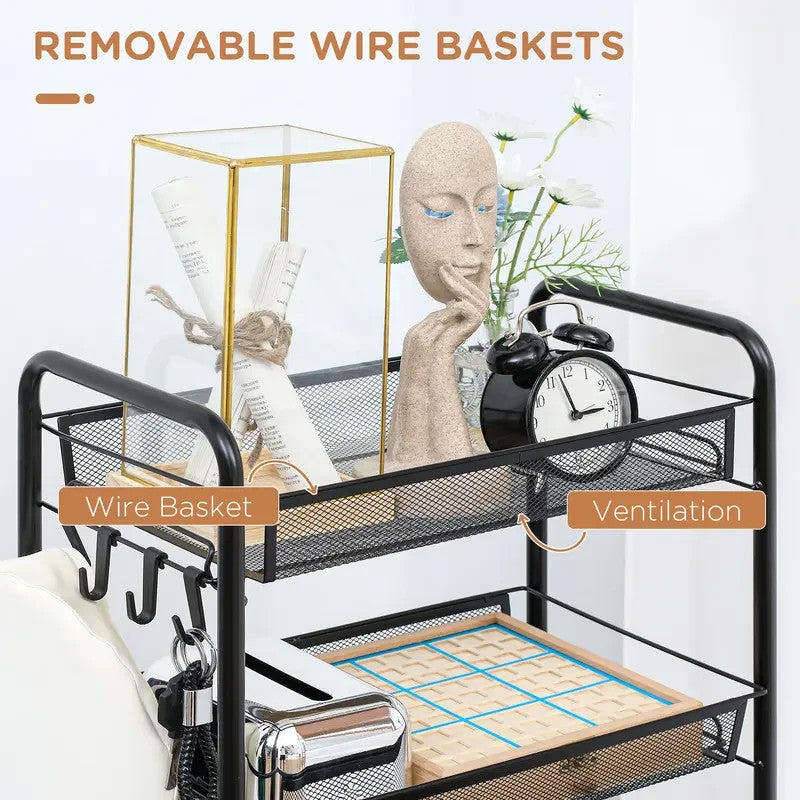 Black 5-Tier Rolling Storage Cart with Mesh Baskets & Lockable Wheels