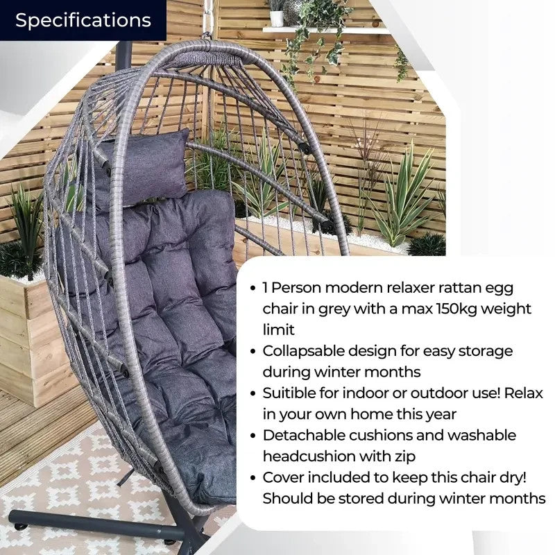 Grey Hanging Egg Chair With Stand & Cushion – Rattan Outdoor Swing Seat