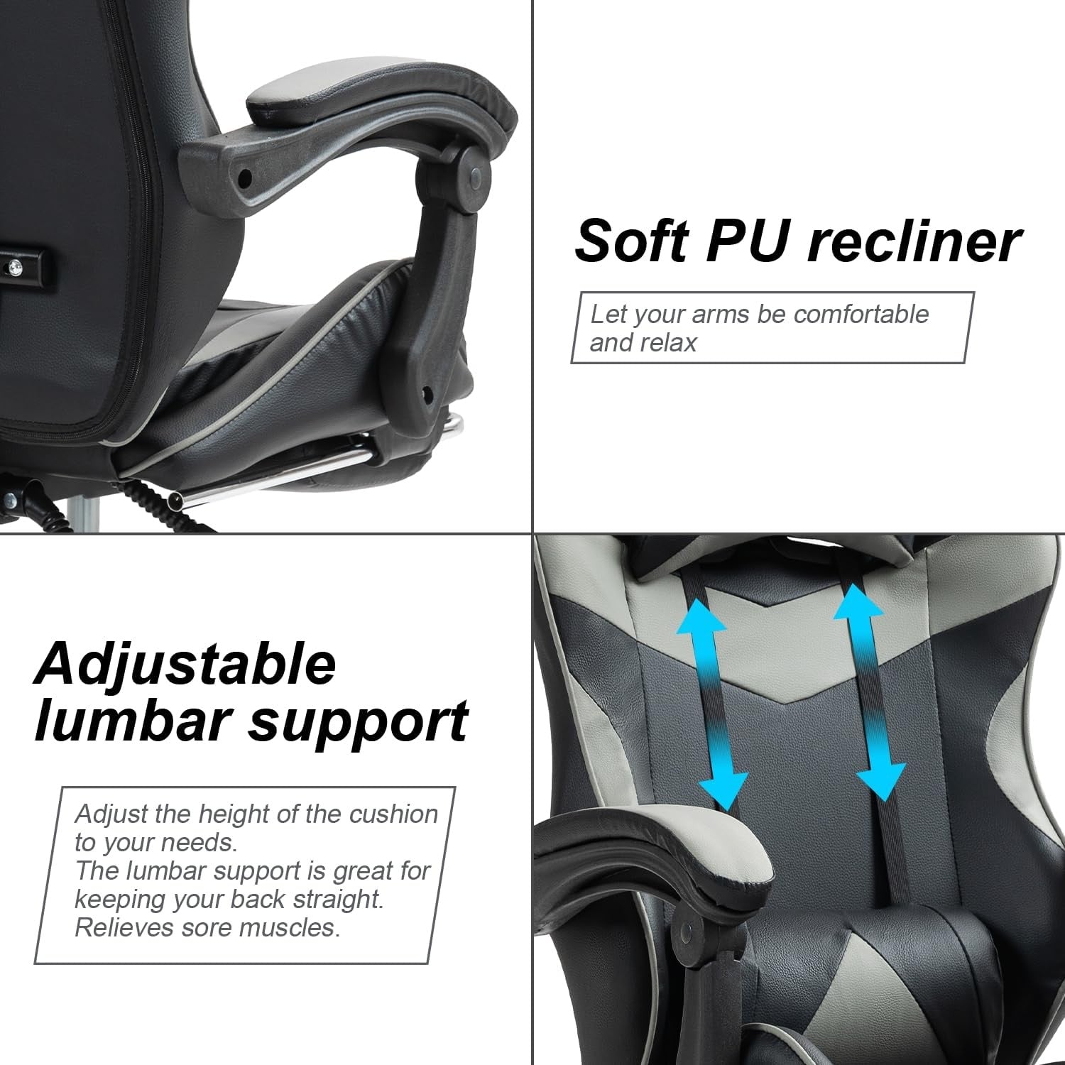 Reclining Gaming Chair w/ Footrest Swivel Gas Lift Grey