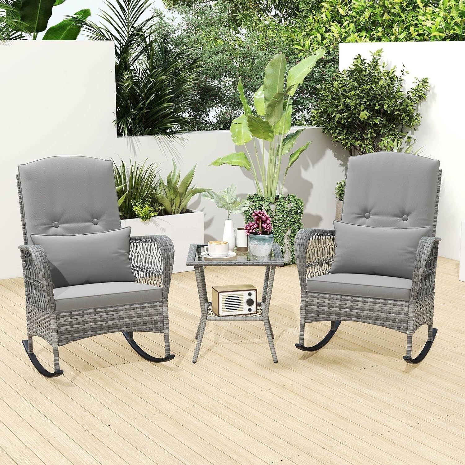 3 Piece Grey Rattan Bistro Set Rocking Chairs with Glass Table Outdoor