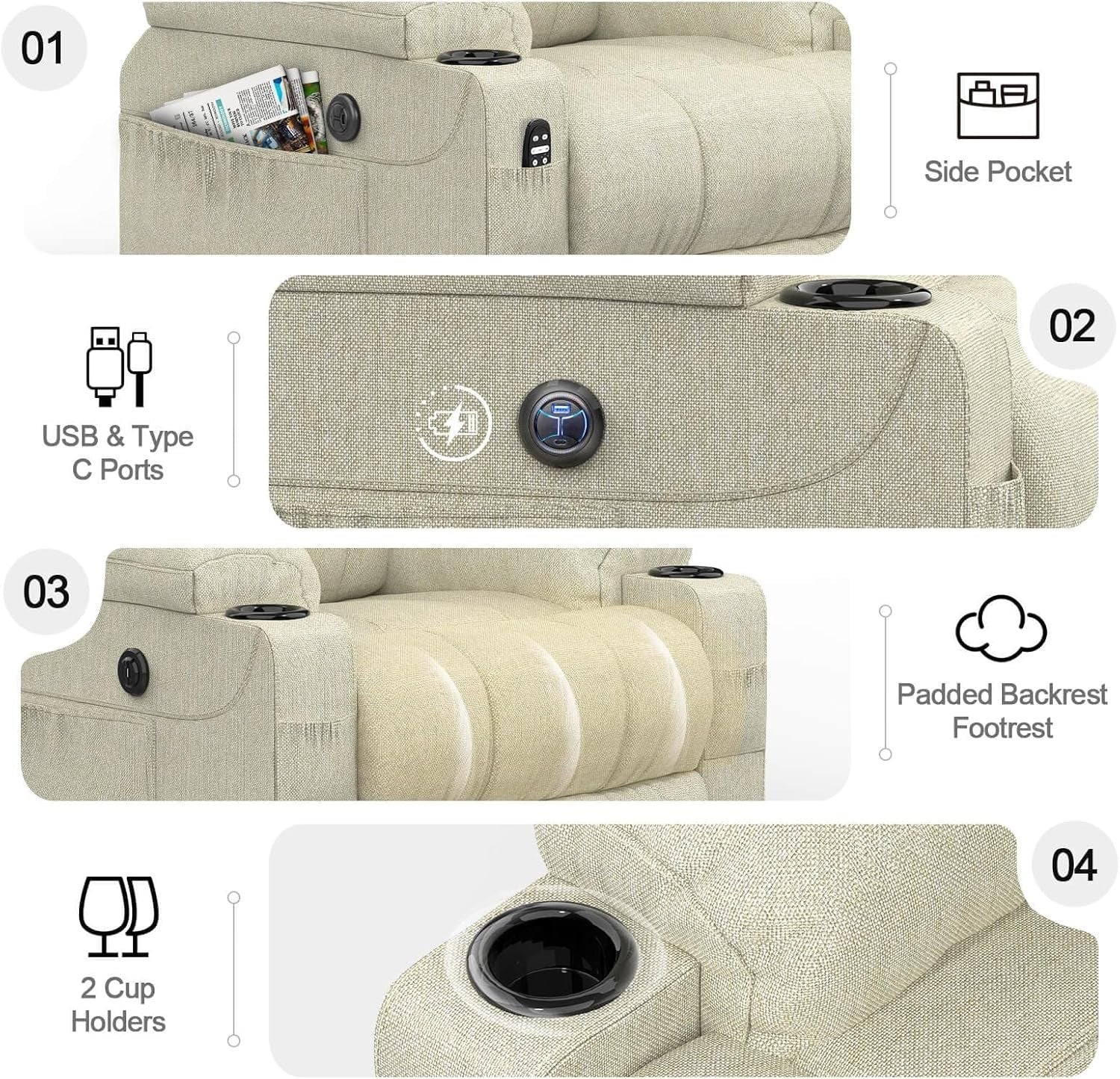 Power Lift Recliner Chair Massage Heat USB Type-C Cup Holders Fabric Beige