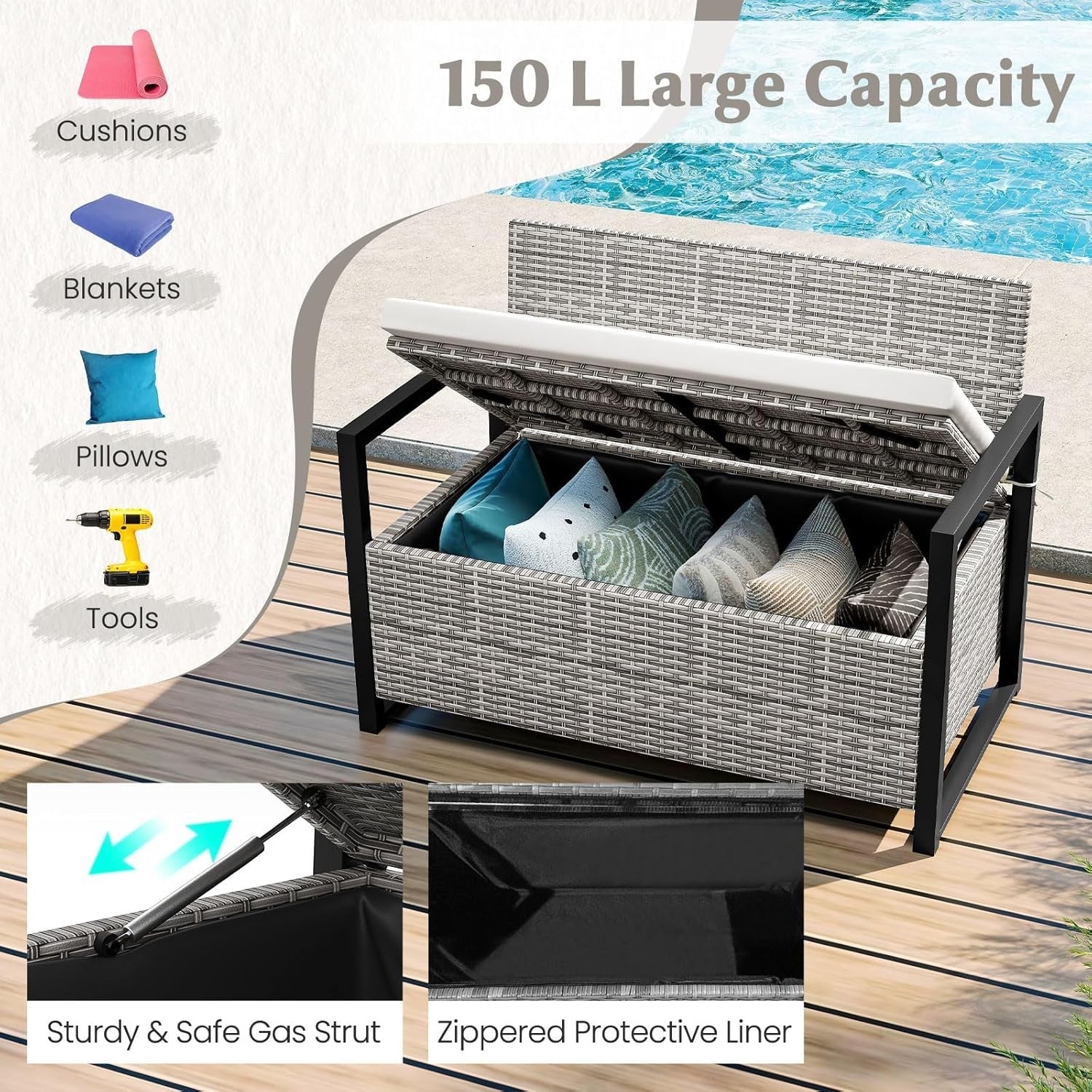 Outdoor 2-Seater PE Rattan Storage Bench with 150L Box & Padded Cushion, Gray
