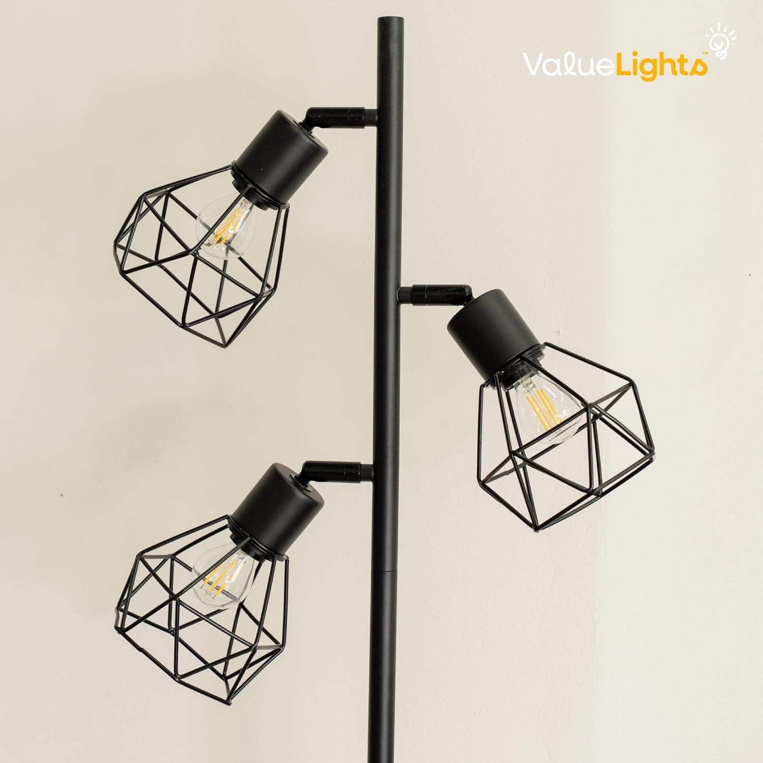 3 Arm Industrial Floor Lamp Matt Black Metal Cage Shades Tall Standing