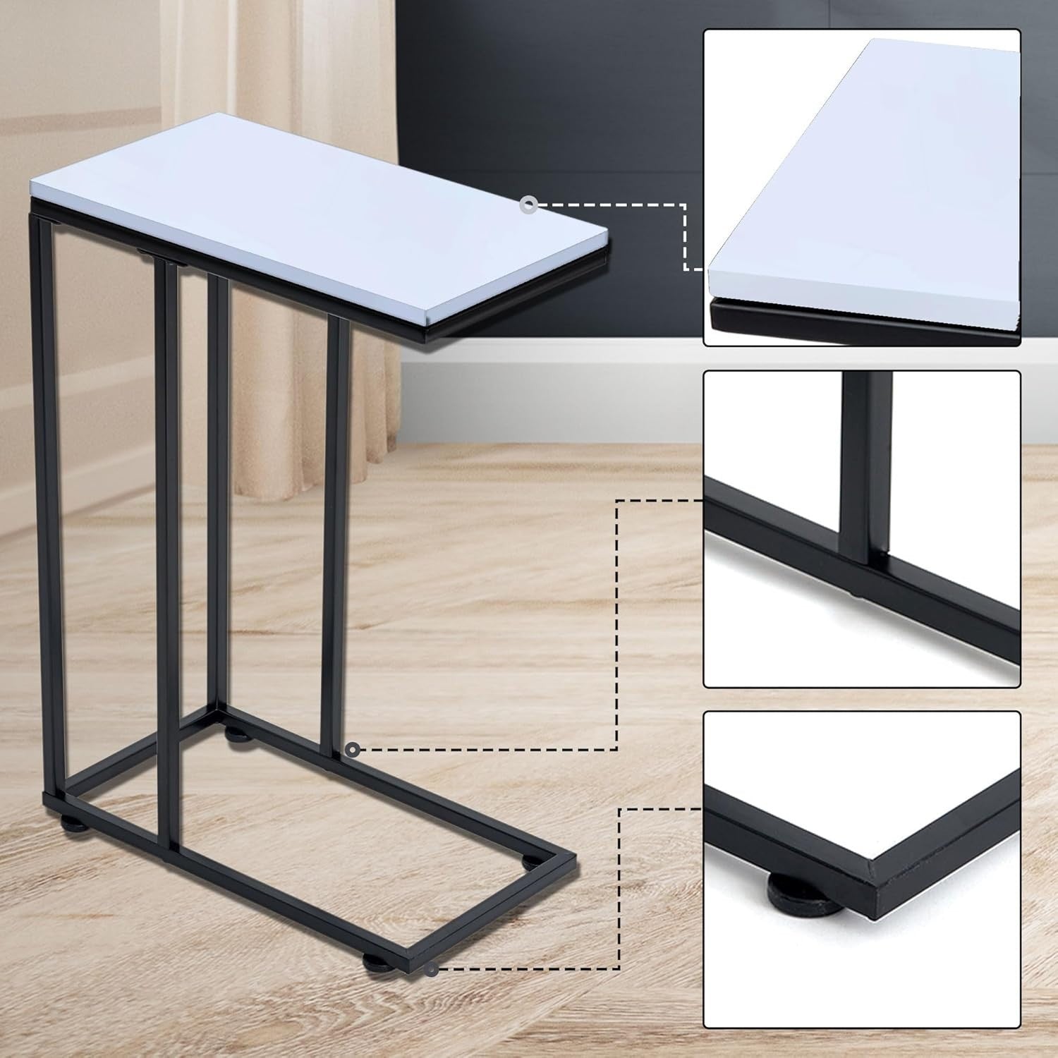 C Shaped Side Table, White Coffee & Laptop Table for Sofa, Space Saving