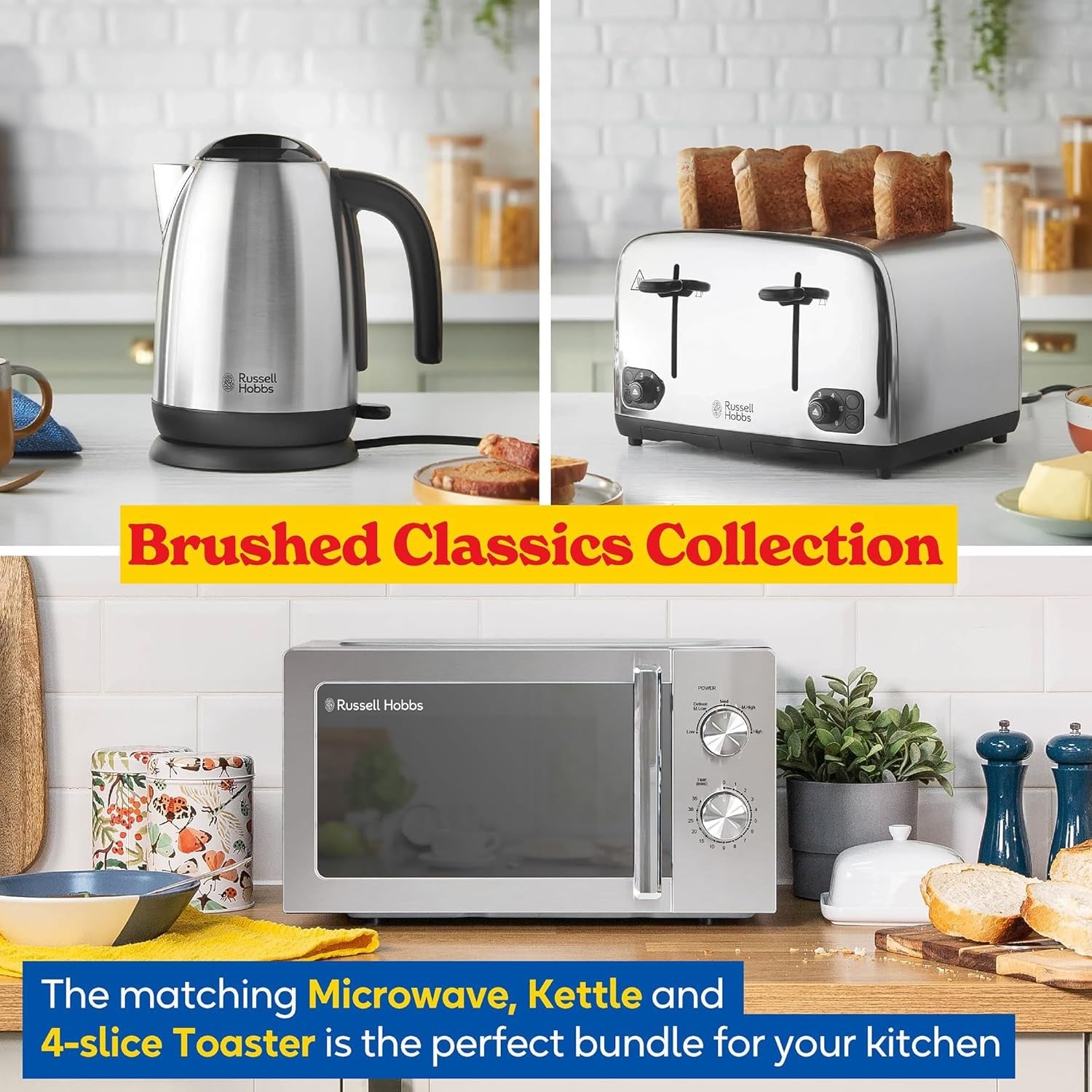 Stainless Steel Kitchen Set 1.7L Kettle 4-Slice Toaster 20L Microwave