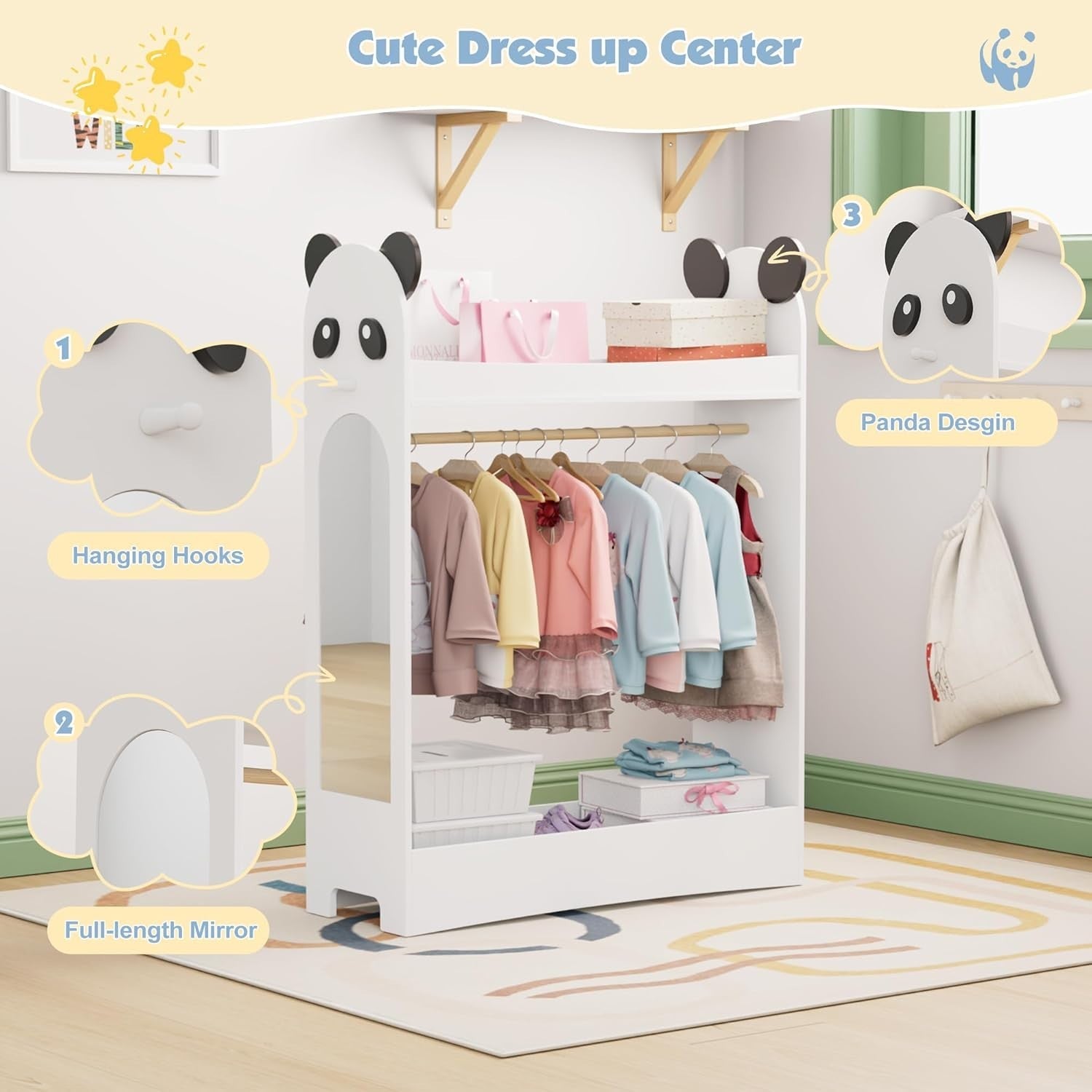 Kids Wardrobe with Mirror & Hanging Rail, Open Storage No Drawer White