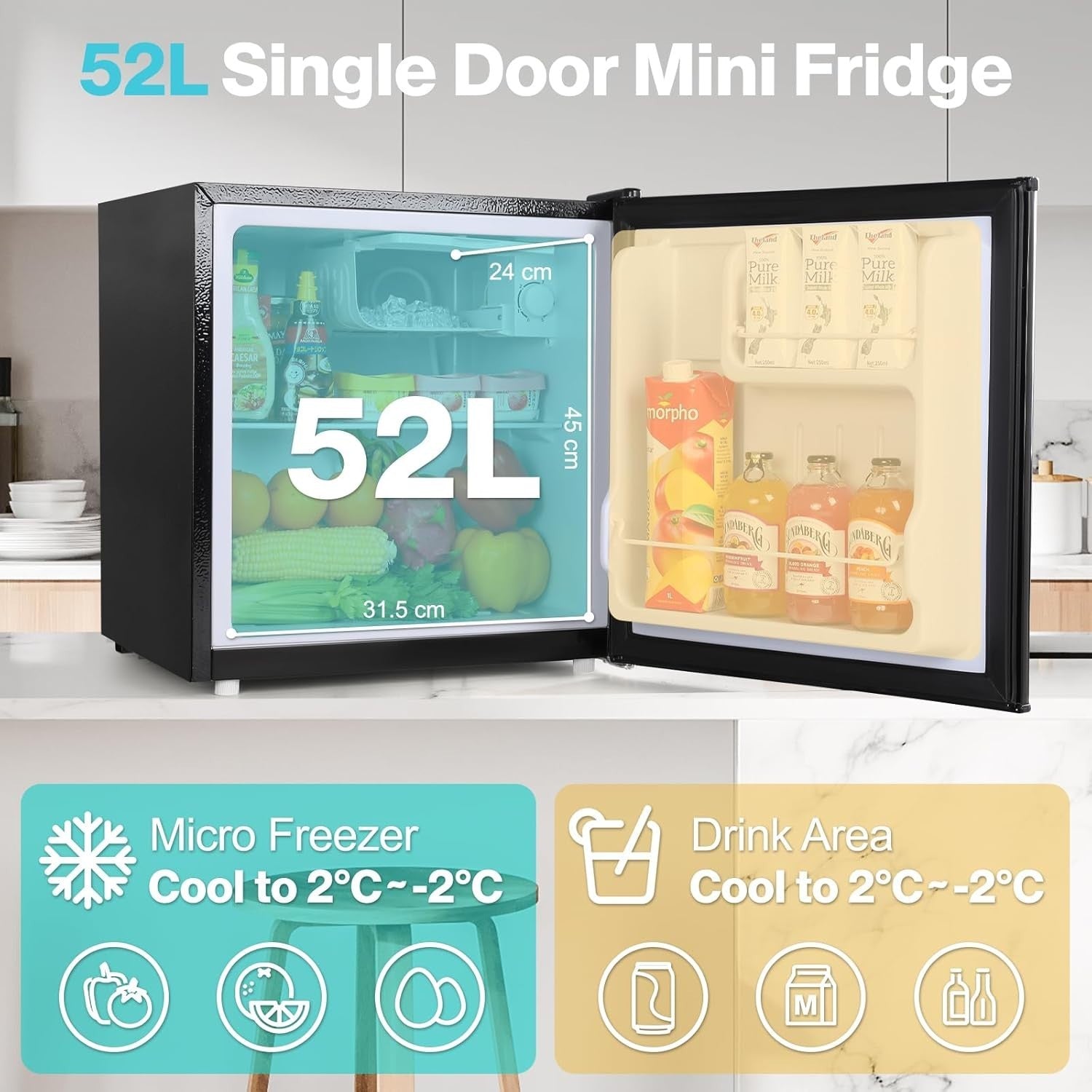 52L Mini Fridge Freezer Compact Portable Bedroom Office Dorm Black