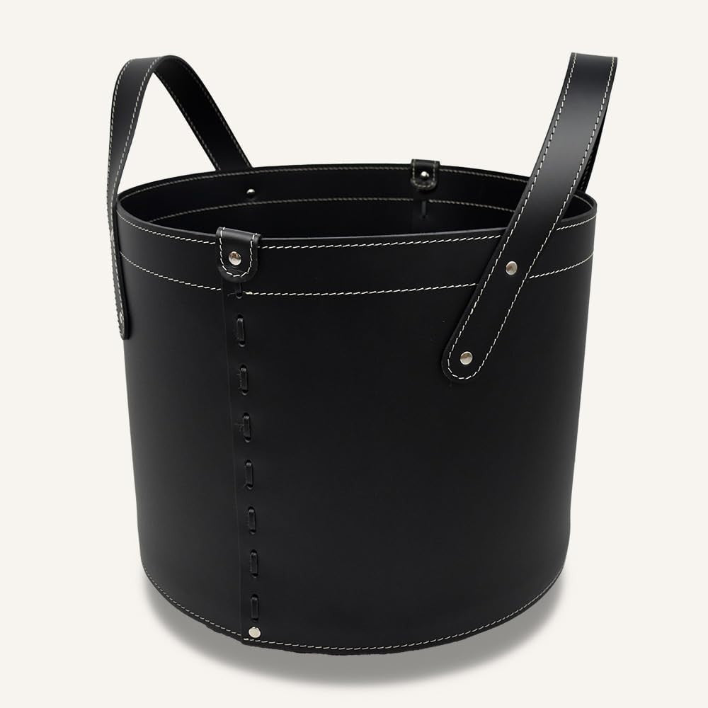 Black Luxury Leather Log Basket with Wheels, Indoor Wood Holder Handmade