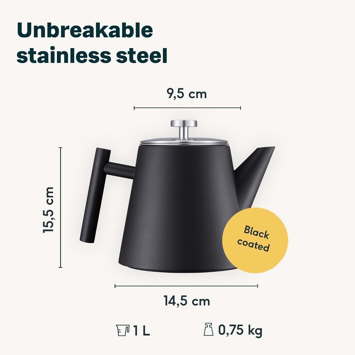 Black Stainless Steel Teapot 1L Double Wall Insulated w/ Tea Strainer