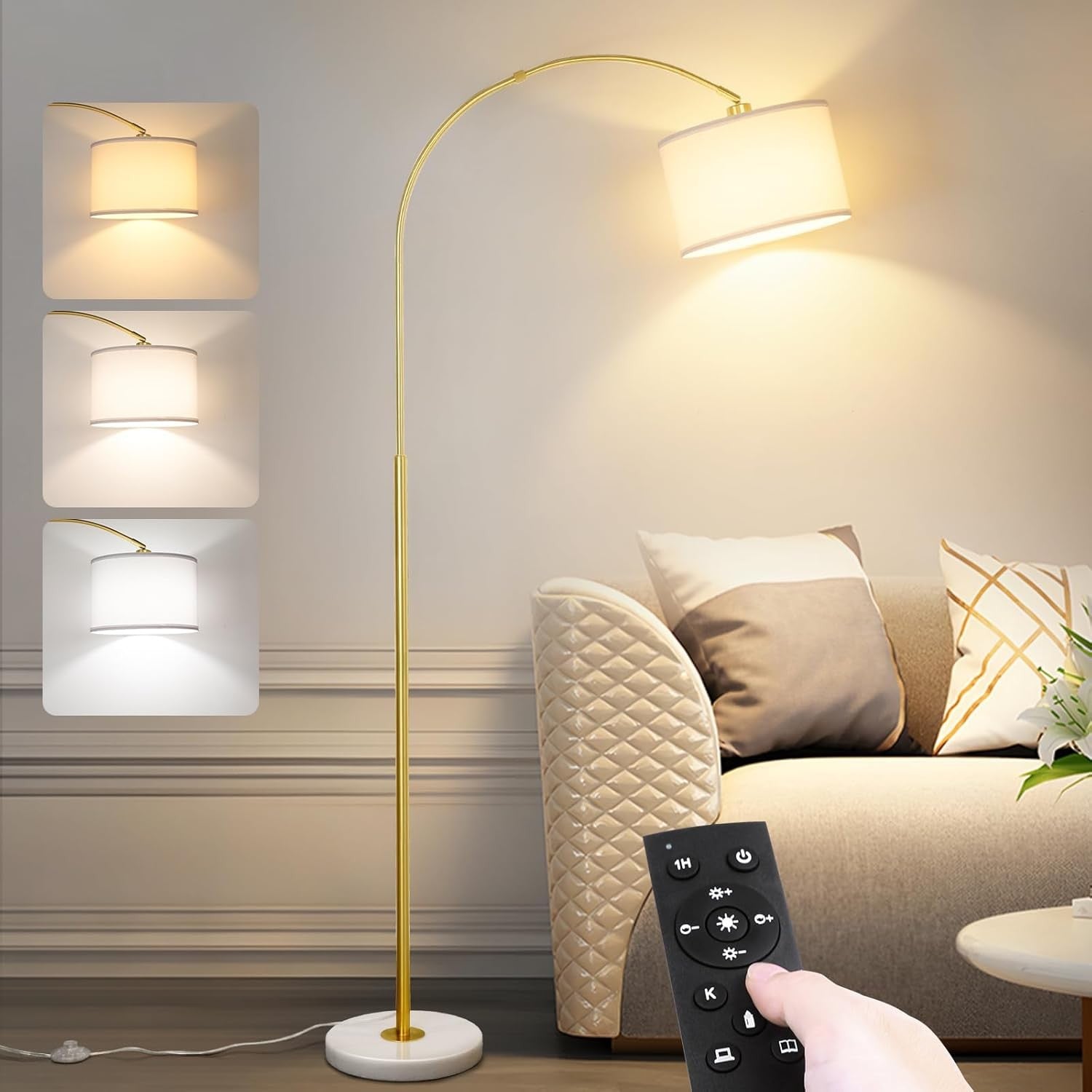 Arc Floor Lamp Gold Remote Dimmable LED Tall Living Room Bedroom Light
