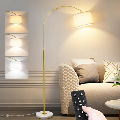 Arc Floor Lamp Gold Remote Dimmable LED Tall Living Room Bedroom Light