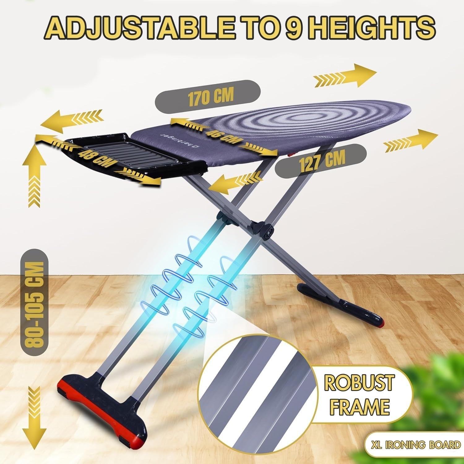 Extra Wide Ironing Board XL 127x46cm Adjustable Height Grey Steam Holder
