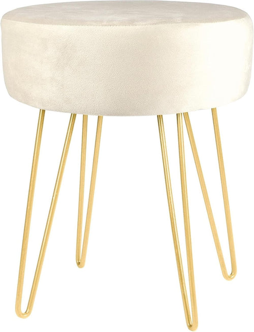 Cream Velvet Round Footstool with Gold Legs – Modern Dressing Table Seat