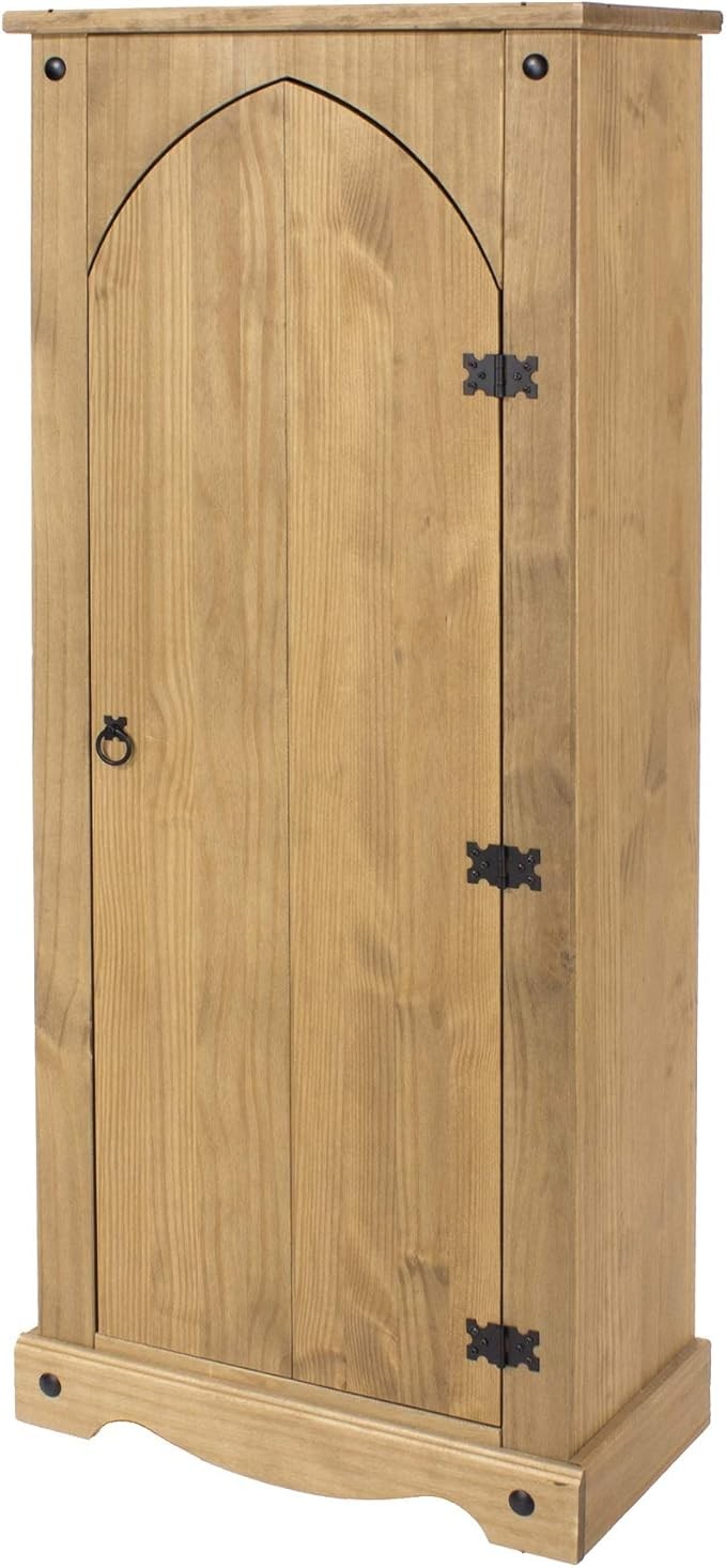 Tall Solid Pine Storage Cupboard with 1 Door & 3 Shelves, Rustic Wooden Cabinet