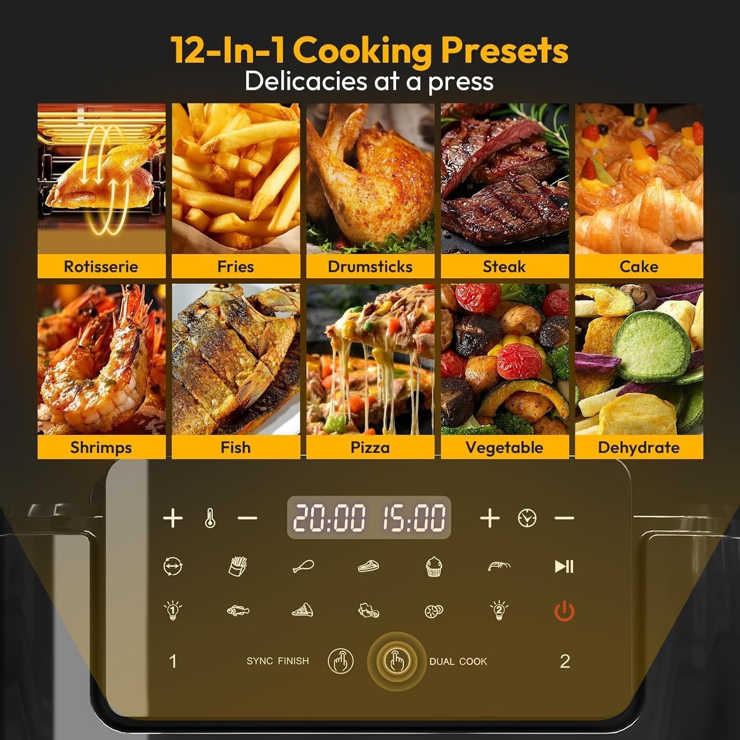 Dual Zone Air Fryer Oven 15L Rotisserie Sync Finish 12-in-1 2600W Window