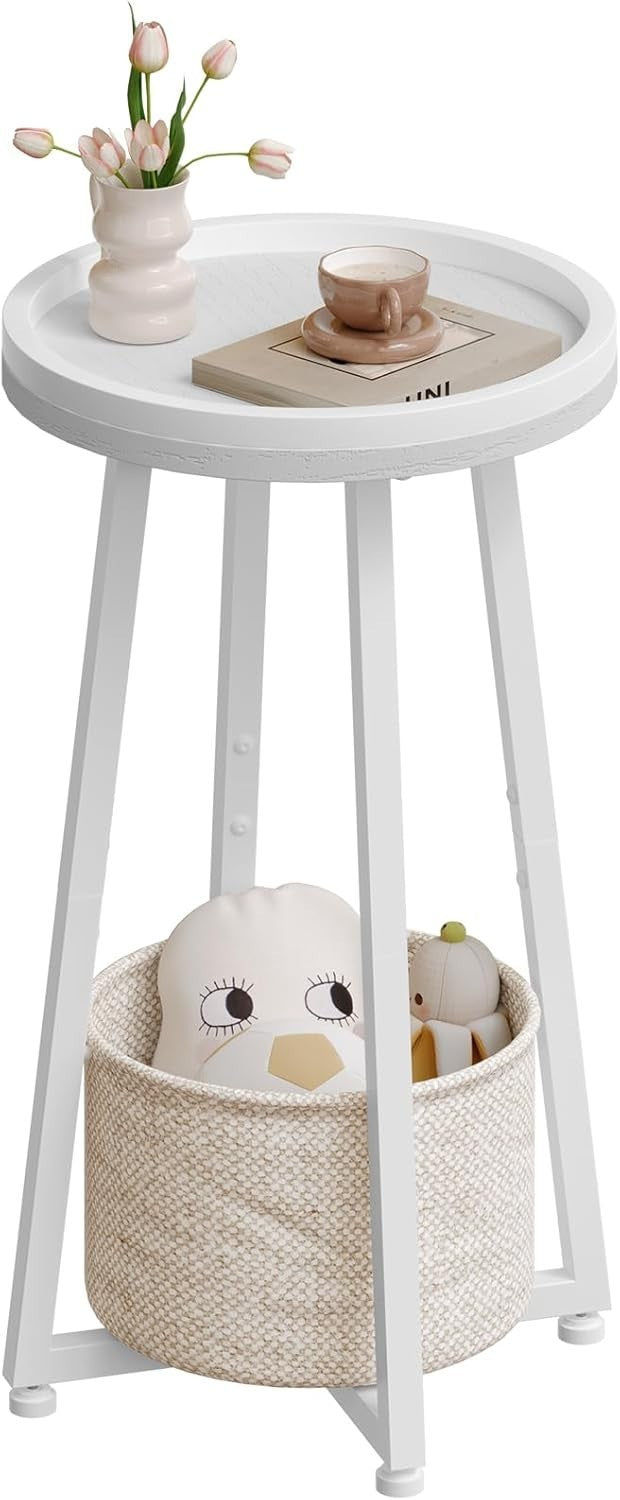 White 2-Tier Round Side Table 30x30x60 cm | Sofa & Bedside Table w/ Storage