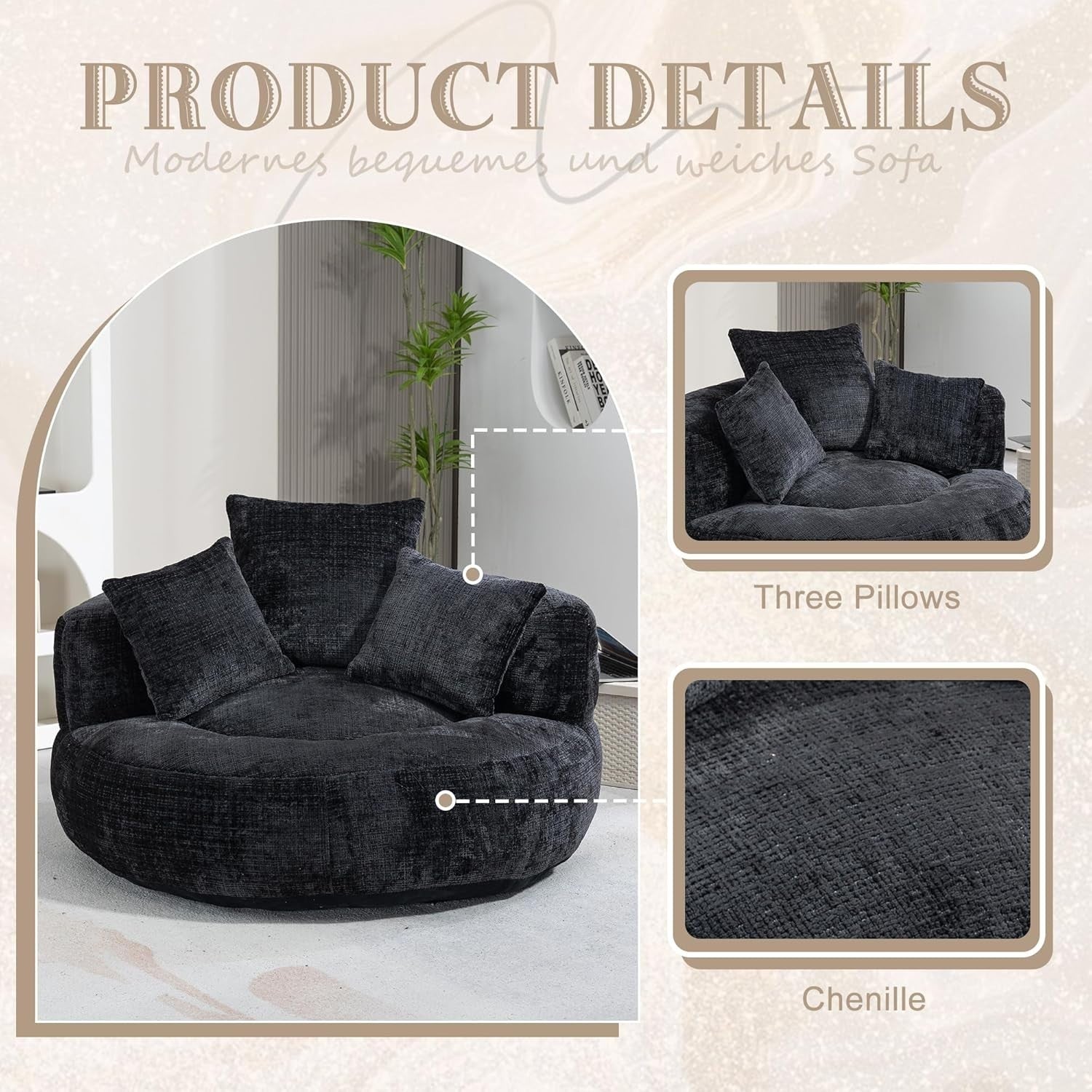 Black Luxury Bean Bag Sofa Chair w/ Pillows – Indoor Outdoor Gaming Seat