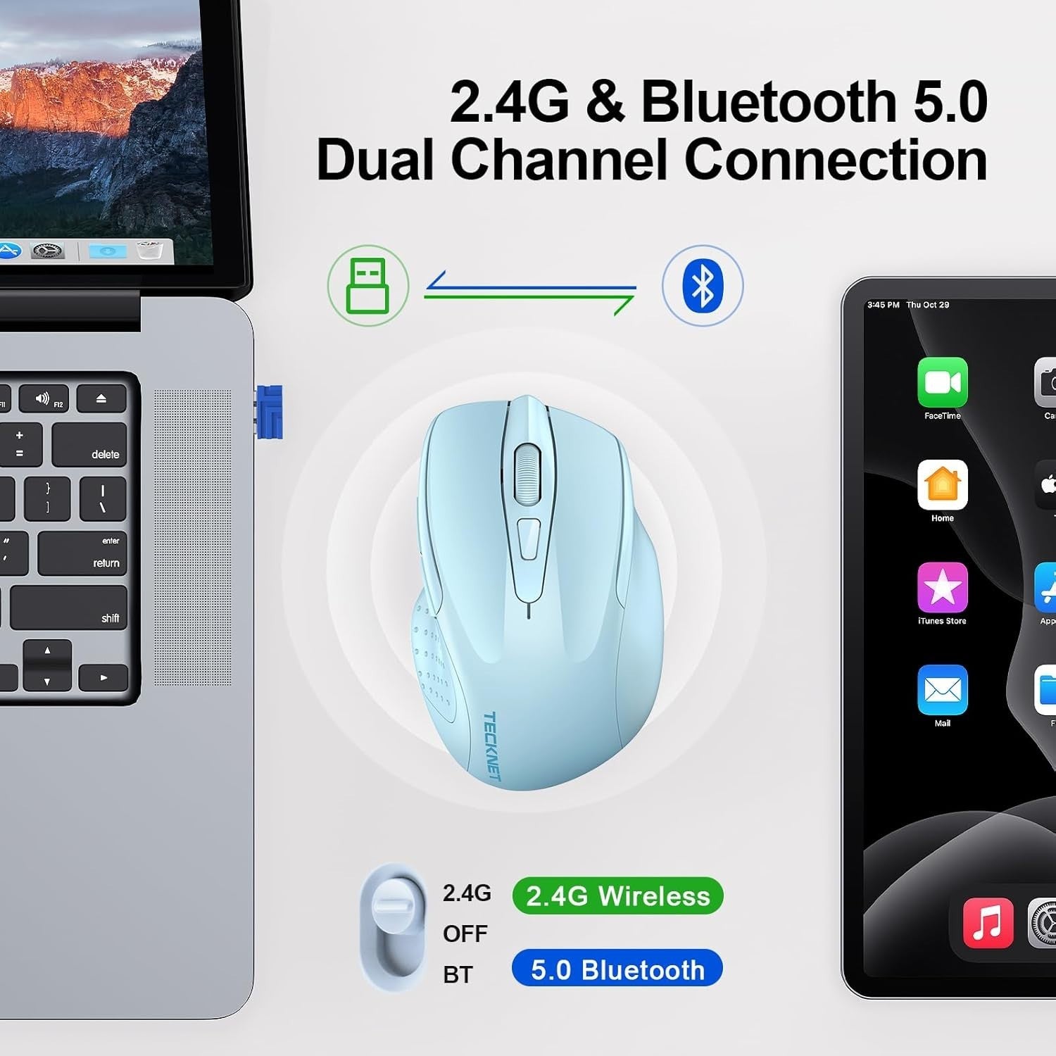 Light Blue Silent Bluetooth Mouse 4800DPI Ergonomic Rechargeable Laptop PC