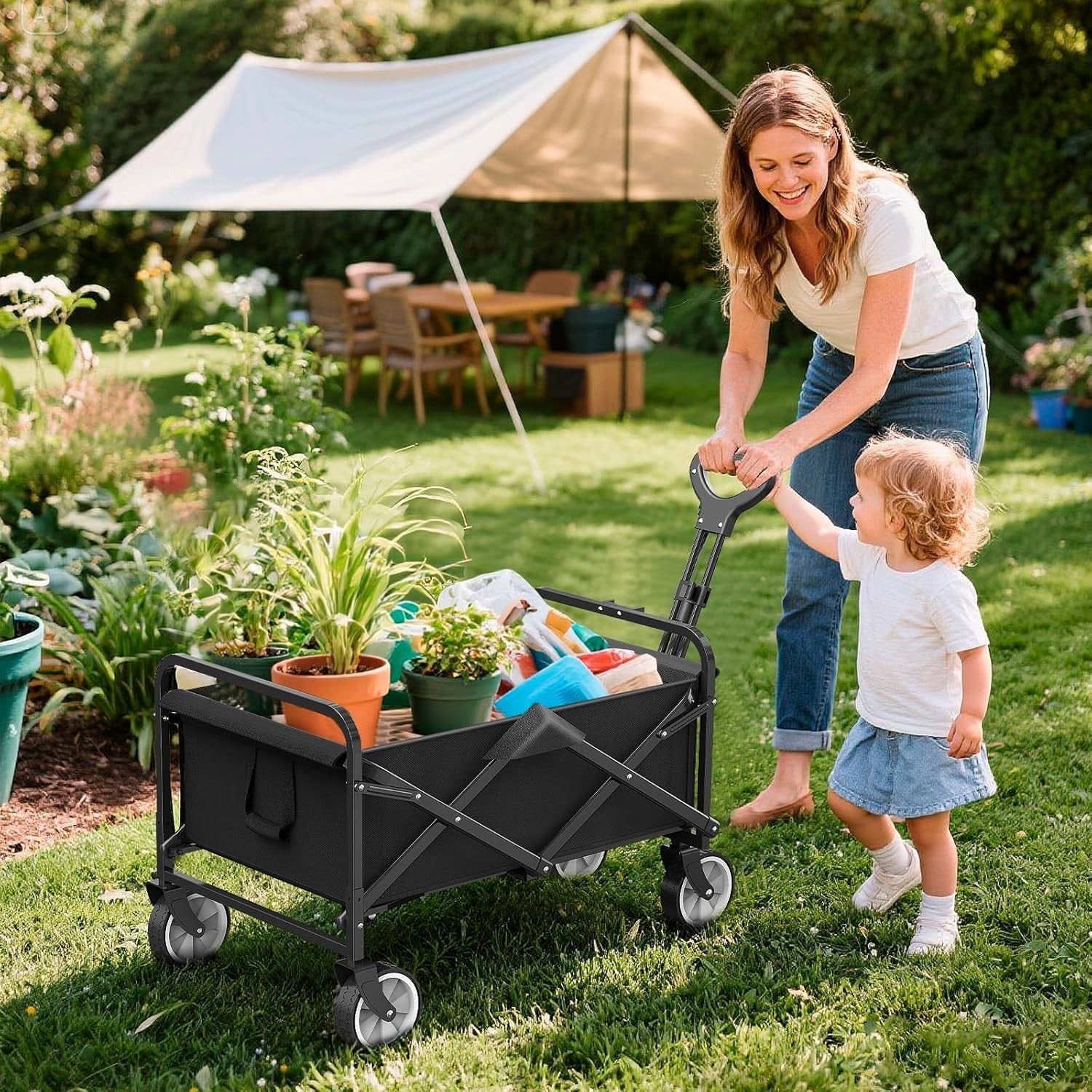 Black Heavy Duty Folding Wagon 100L All-Terrain Garden Camping Beach Trolley