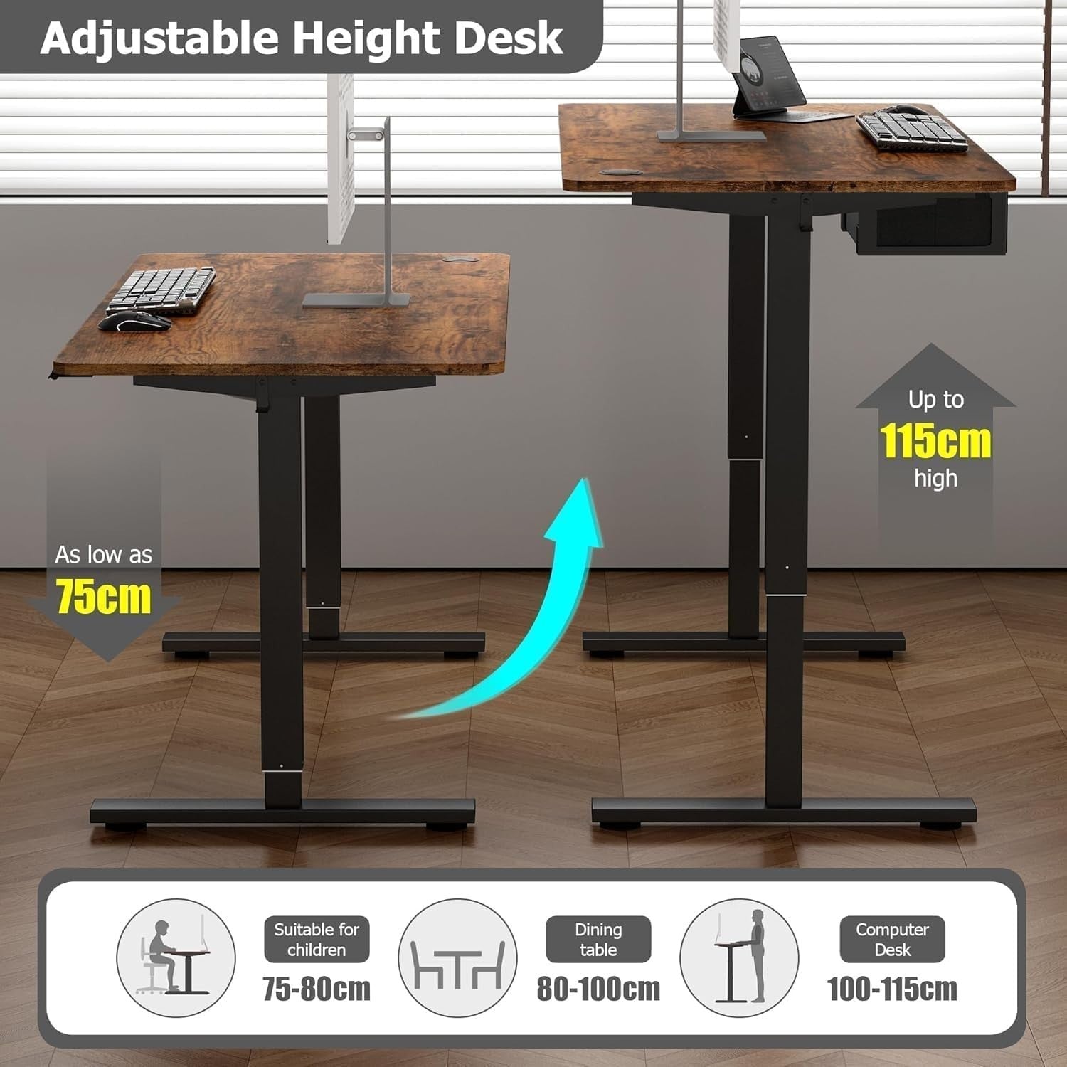 Electric Standing Desk 160x70cm w/Drawer, USB Port & Memory Control Brown