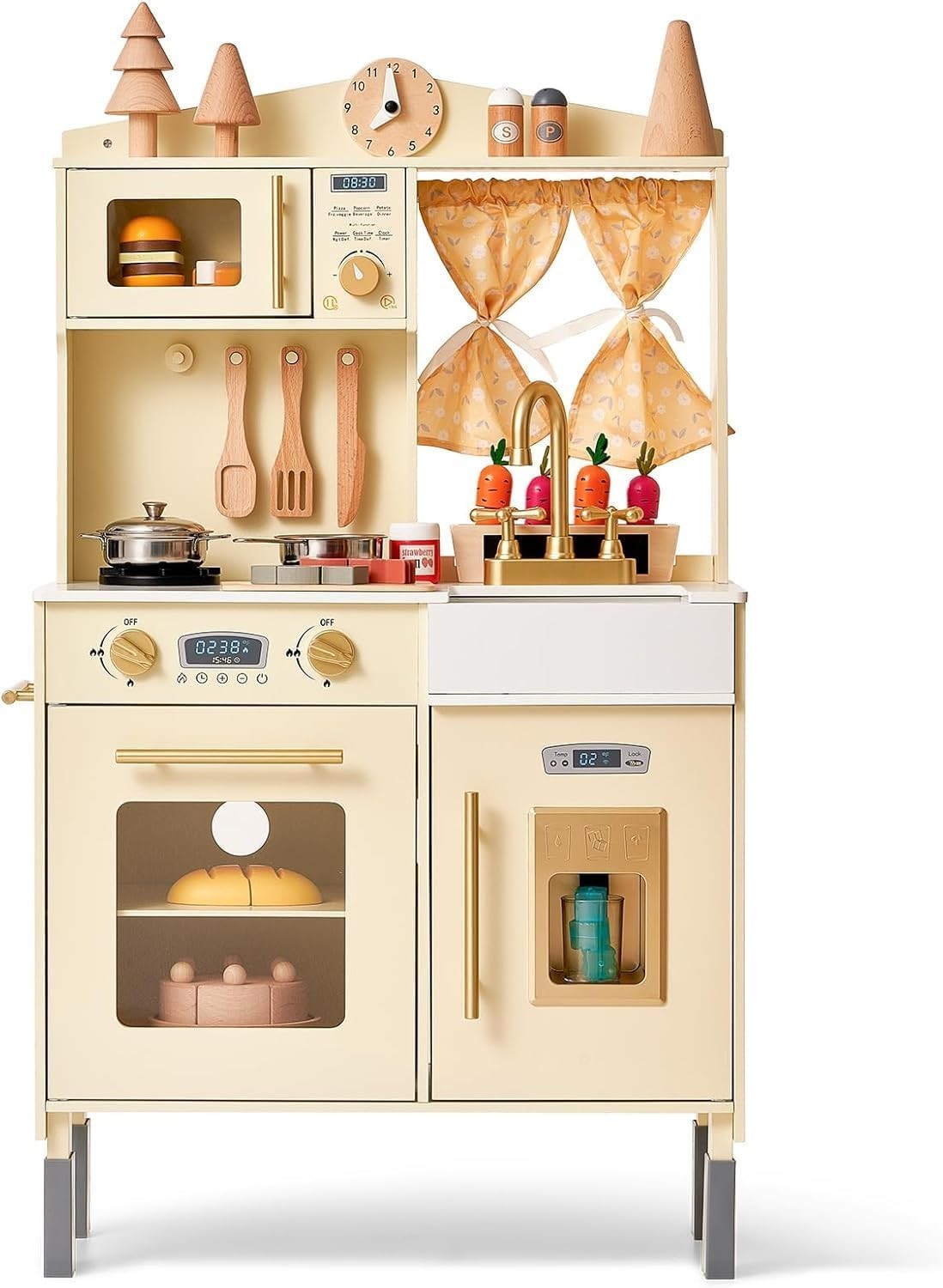 Wooden Kids Play Kitchen w/ Ice Maker Microwave Oven Accessories