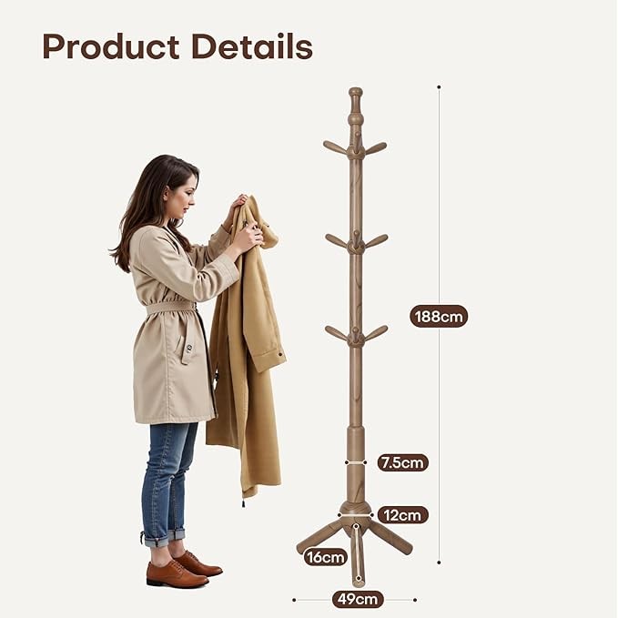 Adjustable Solid Wood Coat Rack 3 Height 9 Hooks Freestanding Hall Stand