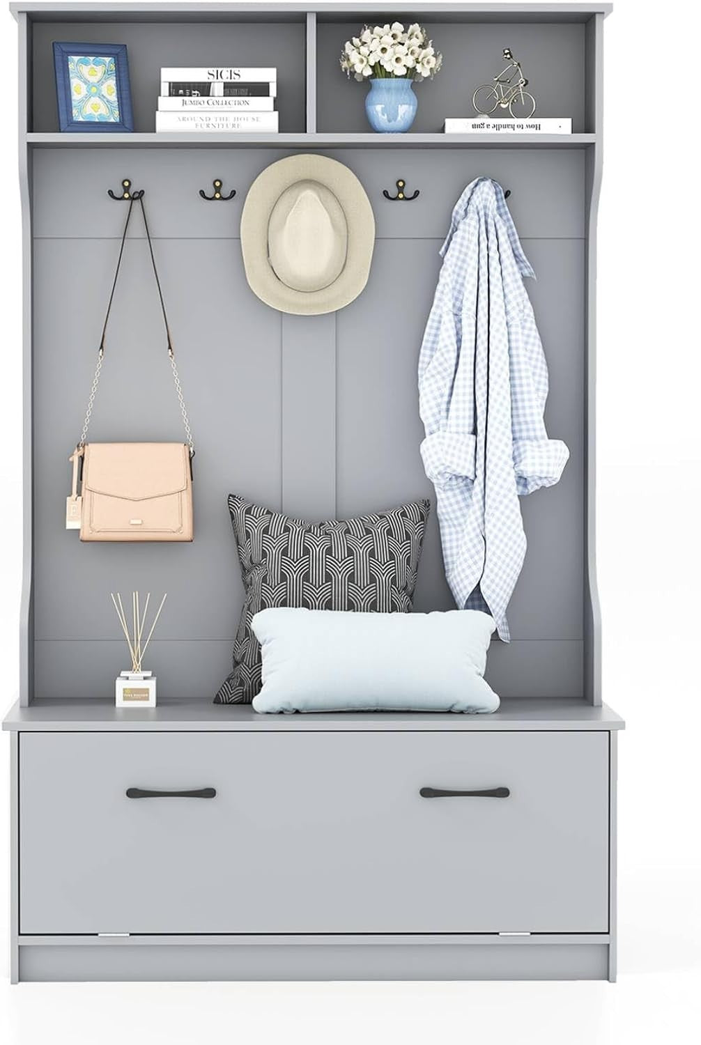 Freestanding Coat Rack with Shoe Storage Bench & Hooks for Hallway Entryway