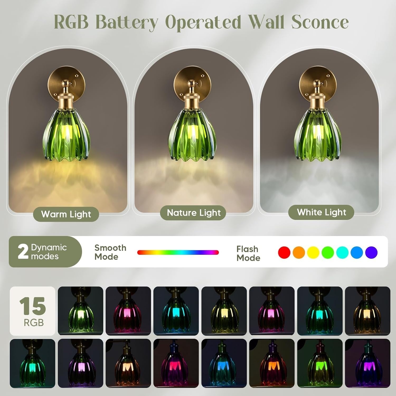 Vintage Wall Sconce Lights Set 2 Green Glass LED Wireless Dimmable Remote