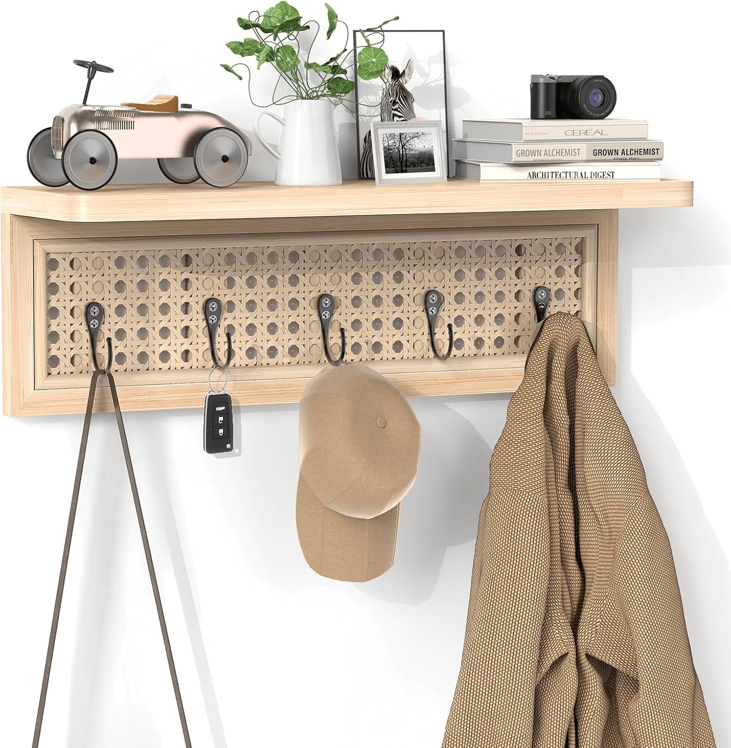 Boho Rattan Wall Shelf with 5 Hooks Natural Wood Floating Entryway Rack